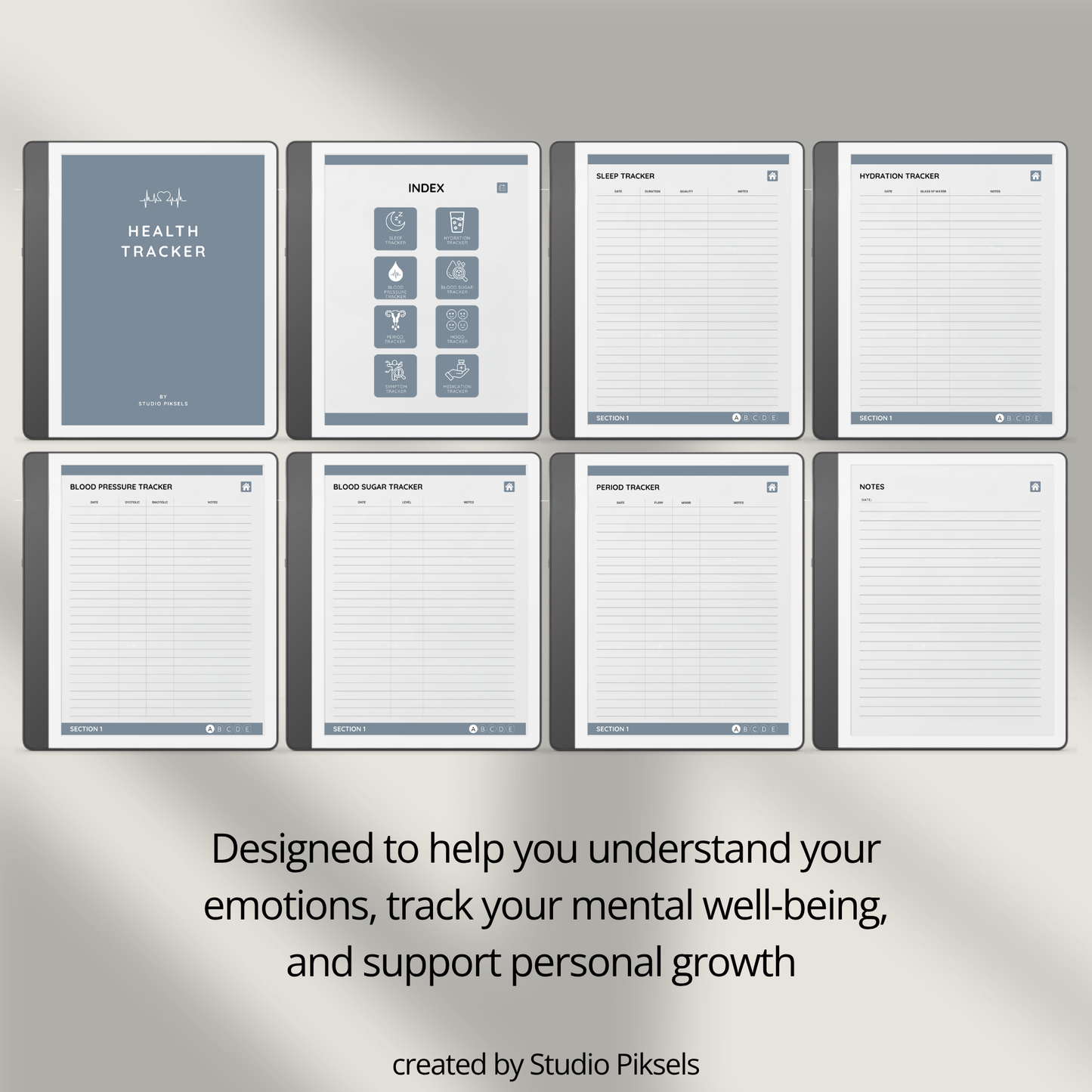 Health Tracker for Kindle Scribe featuring a slate gray monochrome design with hyperlinked sleep, hydration, blood pressure, blood sugar, mood, symptom, medication, and period tracking pages.