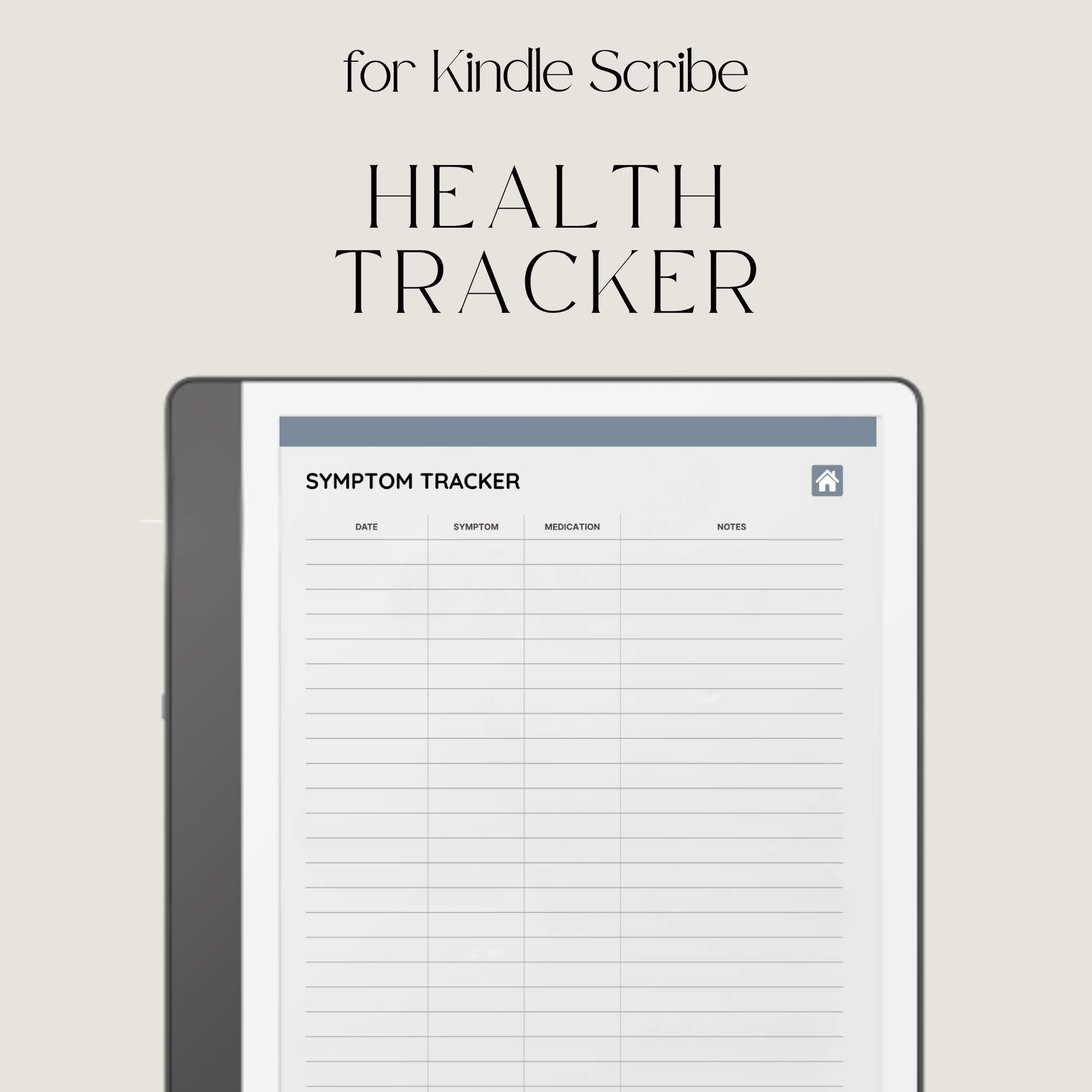 Health Tracker for Kindle Scribe featuring a slate gray monochrome design with hyperlinked sleep, hydration, blood pressure, blood sugar, mood, symptom, medication, and period tracking pages.