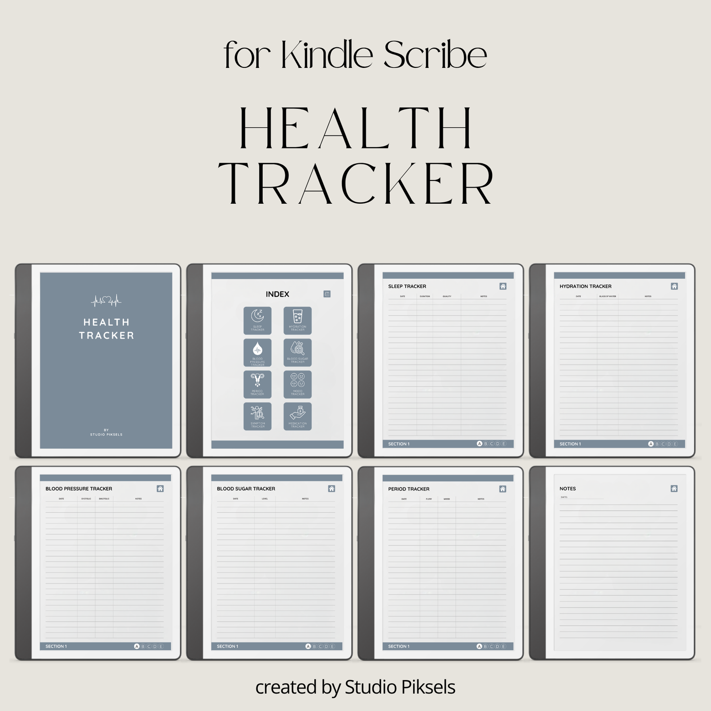 Health Tracker for Kindle Scribe featuring a slate gray monochrome design with hyperlinked sleep, hydration, blood pressure, blood sugar, mood, symptom, medication, and period tracking pages.