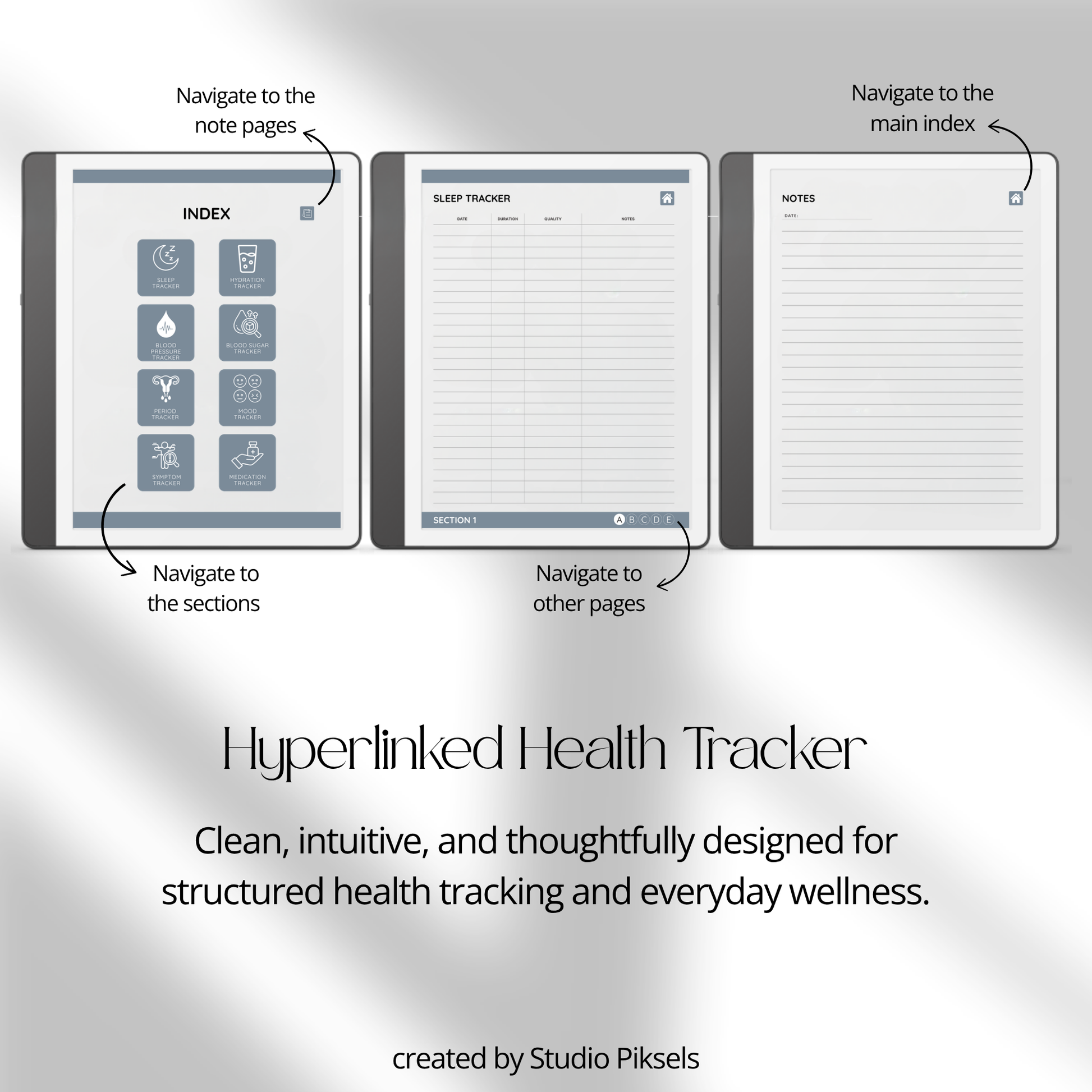 Health Tracker for Kindle Scribe featuring a slate gray monochrome design with hyperlinked sleep, hydration, blood pressure, blood sugar, mood, symptom, medication, and period tracking pages.