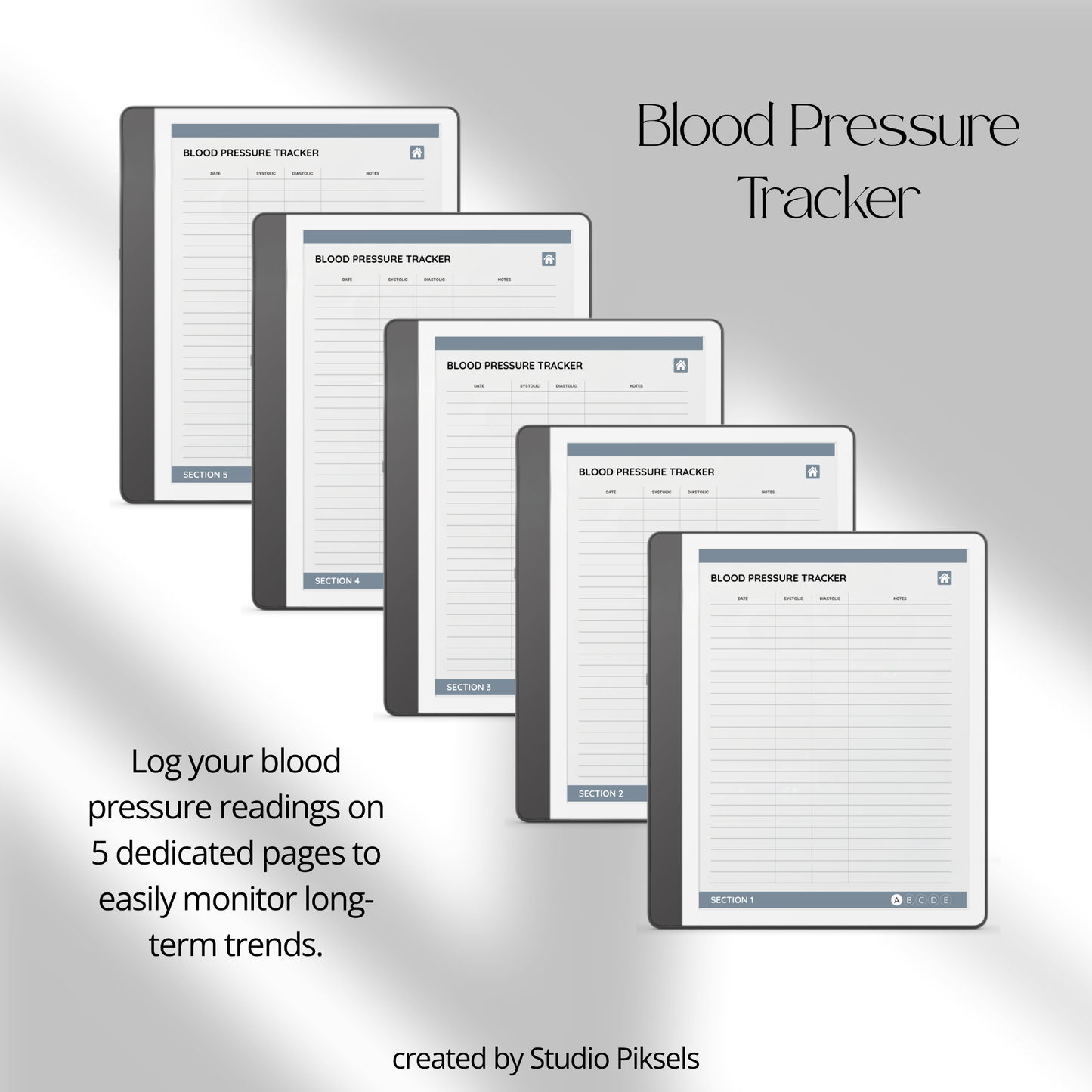 Health Tracker for Kindle Scribe featuring a slate gray monochrome design with hyperlinked sleep, hydration, blood pressure, blood sugar, mood, symptom, medication, and period tracking pages.