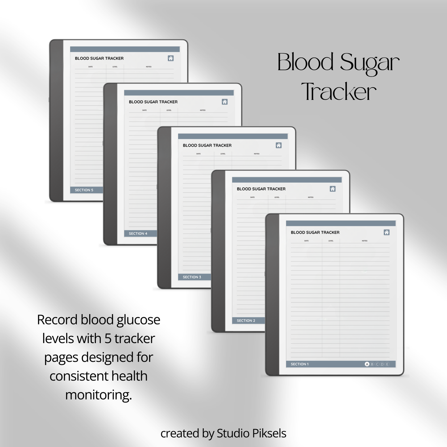 Health Tracker for Kindle Scribe featuring a slate gray monochrome design with hyperlinked sleep, hydration, blood pressure, blood sugar, mood, symptom, medication, and period tracking pages.