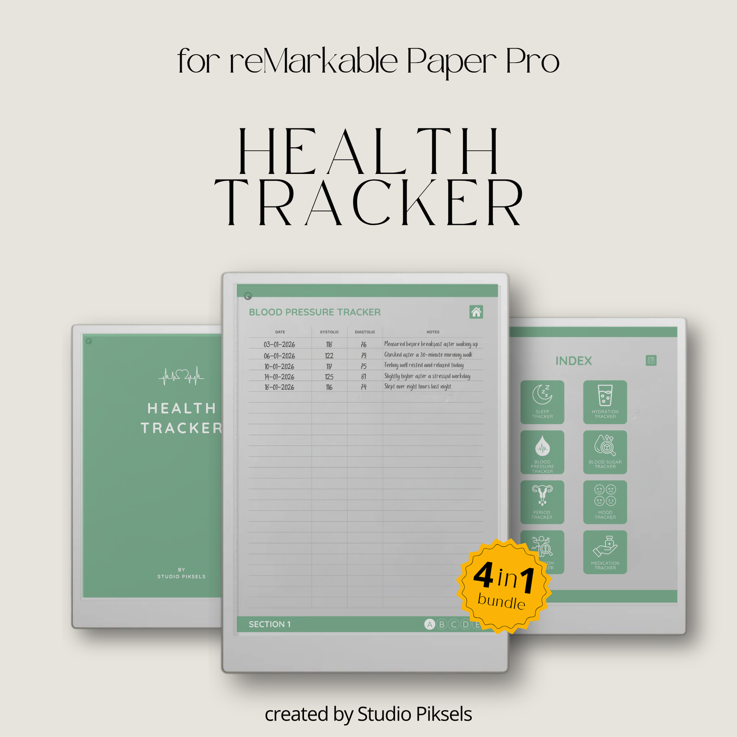 Health Tracker for reMarkable Paper Pro featuring blue, red, green, and mustard color themes with hyperlinked sleep, hydration, blood pressure, blood sugar, mood, symptom, medication, and period tracking pages.