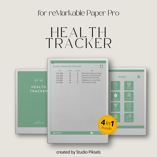 Health Tracker for reMarkable Paper Pro featuring blue, red, green, and mustard color themes with hyperlinked sleep, hydration, blood pressure, blood sugar, mood, symptom, medication, and period tracking pages.
