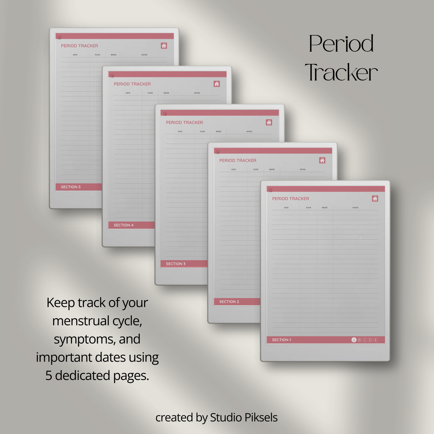 Health Tracker for reMarkable Paper Pro featuring blue, red, green, and mustard color themes with hyperlinked sleep, hydration, blood pressure, blood sugar, mood, symptom, medication, and period tracking pages.