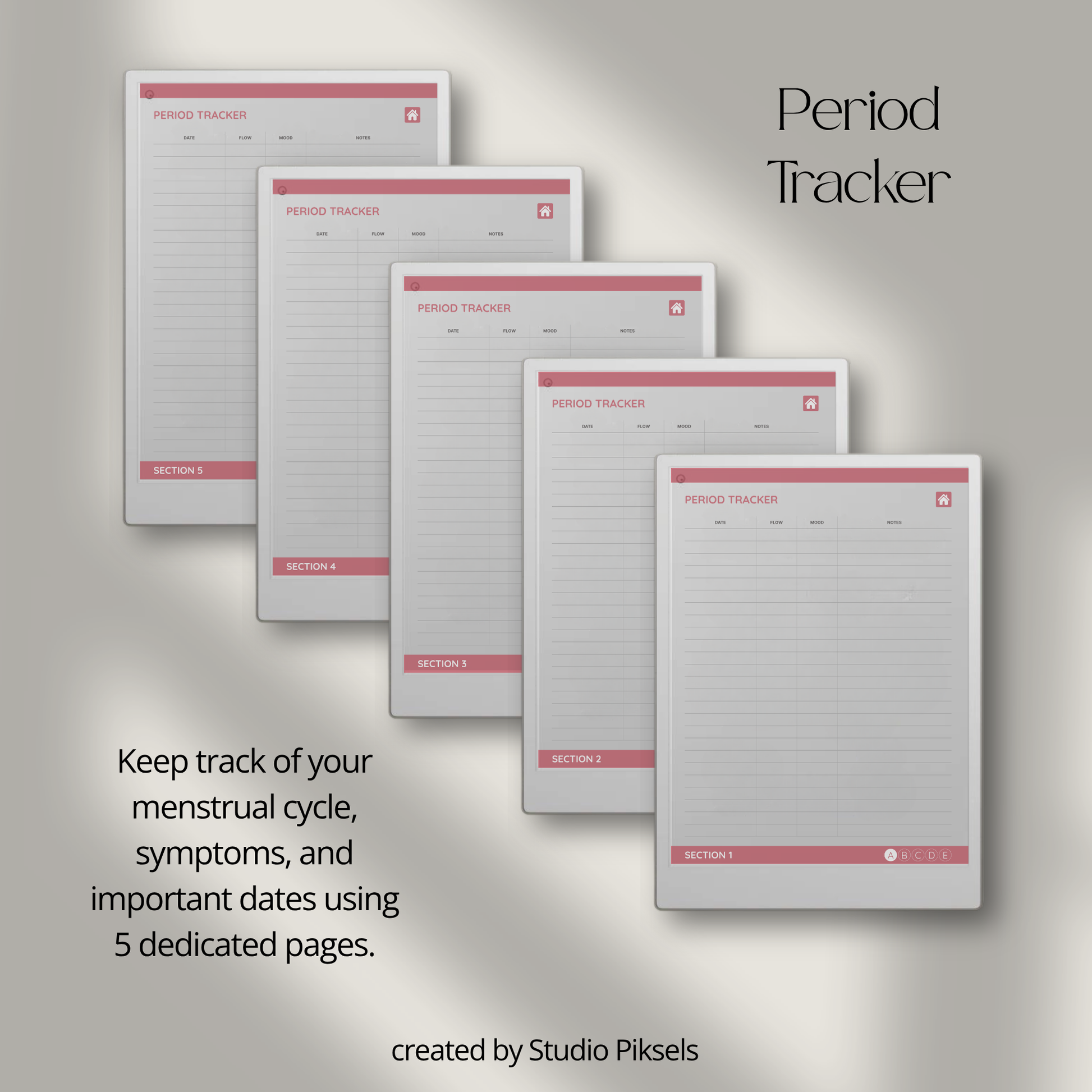 Health Tracker for reMarkable Paper Pro featuring blue, red, green, and mustard color themes with hyperlinked sleep, hydration, blood pressure, blood sugar, mood, symptom, medication, and period tracking pages.