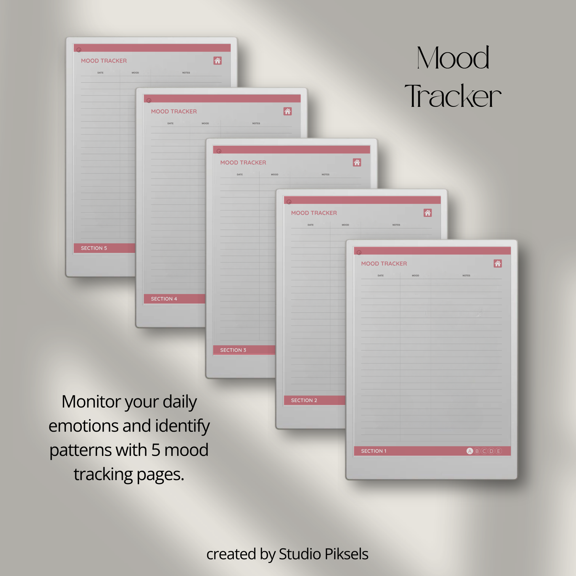 Health Tracker for reMarkable Paper Pro featuring blue, red, green, and mustard color themes with hyperlinked sleep, hydration, blood pressure, blood sugar, mood, symptom, medication, and period tracking pages.