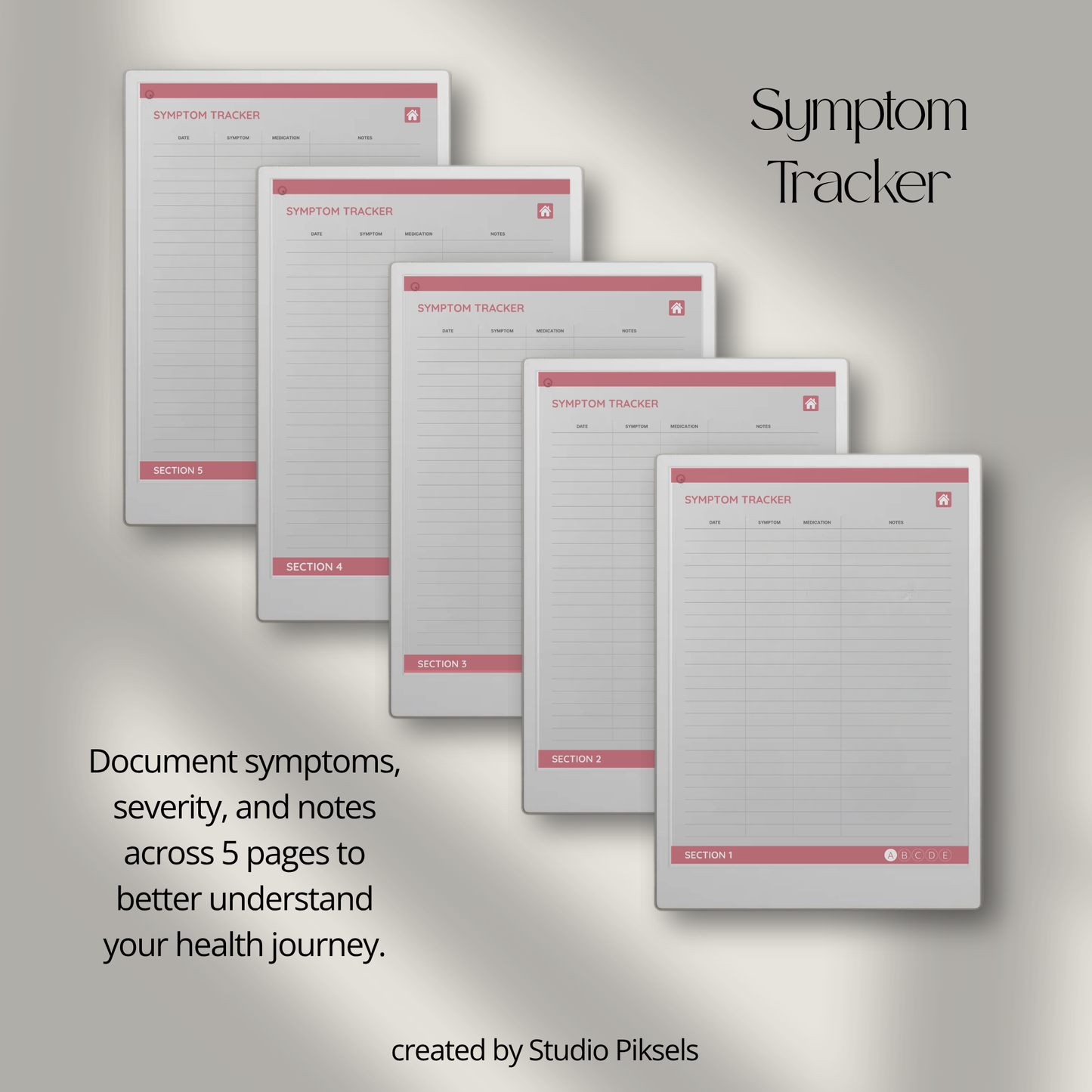 Health Tracker for reMarkable Paper Pro featuring blue, red, green, and mustard color themes with hyperlinked sleep, hydration, blood pressure, blood sugar, mood, symptom, medication, and period tracking pages.
