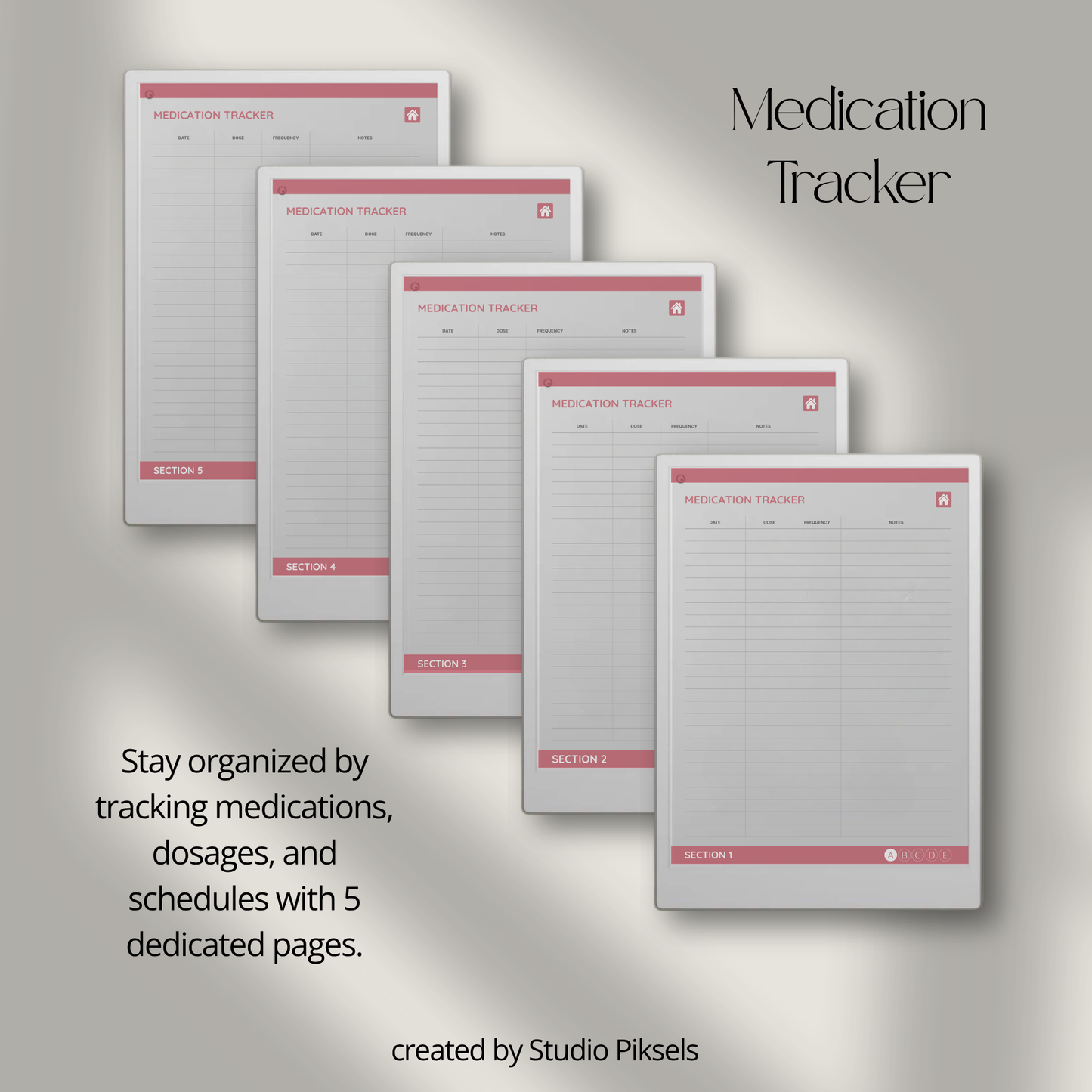 Health Tracker for reMarkable Paper Pro featuring blue, red, green, and mustard color themes with hyperlinked sleep, hydration, blood pressure, blood sugar, mood, symptom, medication, and period tracking pages.