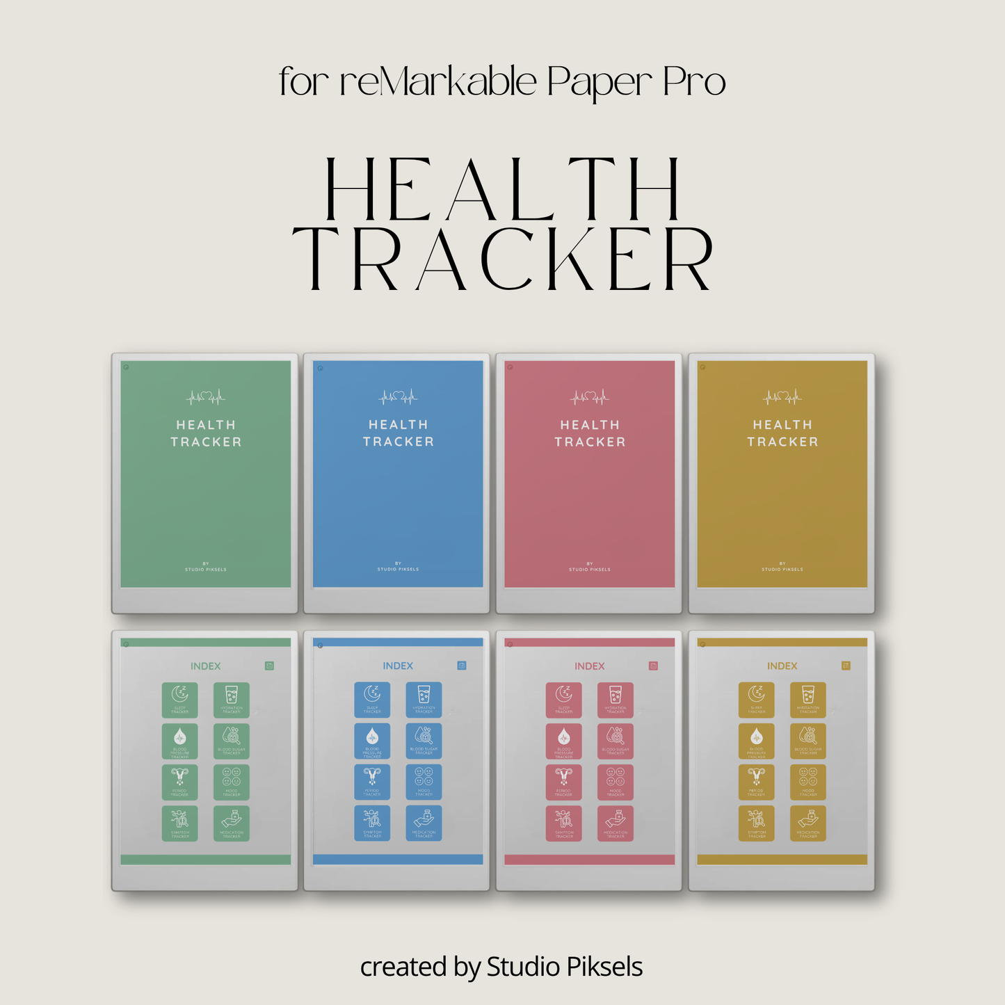 Health Tracker for reMarkable Paper Pro featuring blue, red, green, and mustard color themes with hyperlinked sleep, hydration, blood pressure, blood sugar, mood, symptom, medication, and period tracking pages.