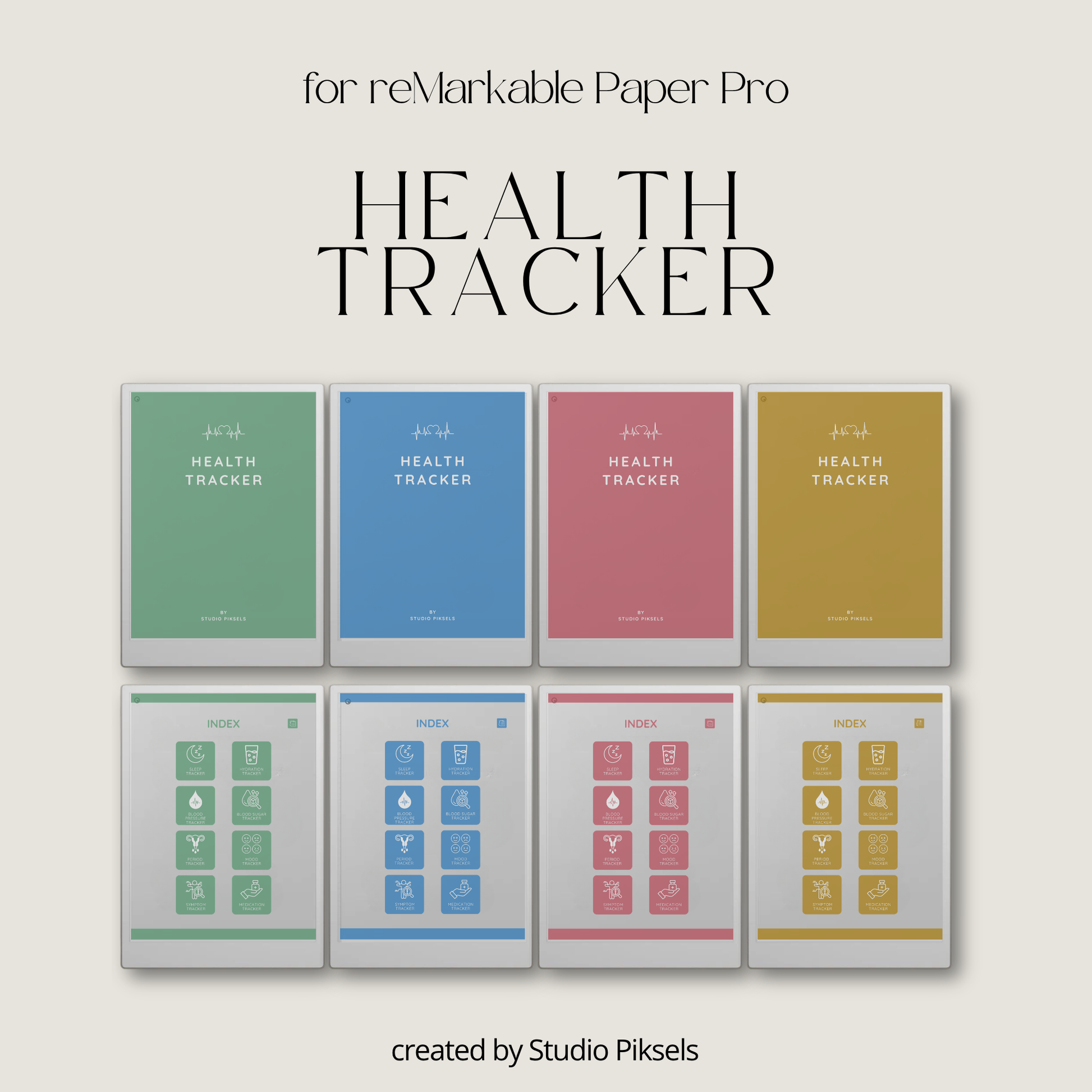Health Tracker for reMarkable Paper Pro featuring blue, red, green, and mustard color themes with hyperlinked sleep, hydration, blood pressure, blood sugar, mood, symptom, medication, and period tracking pages.
