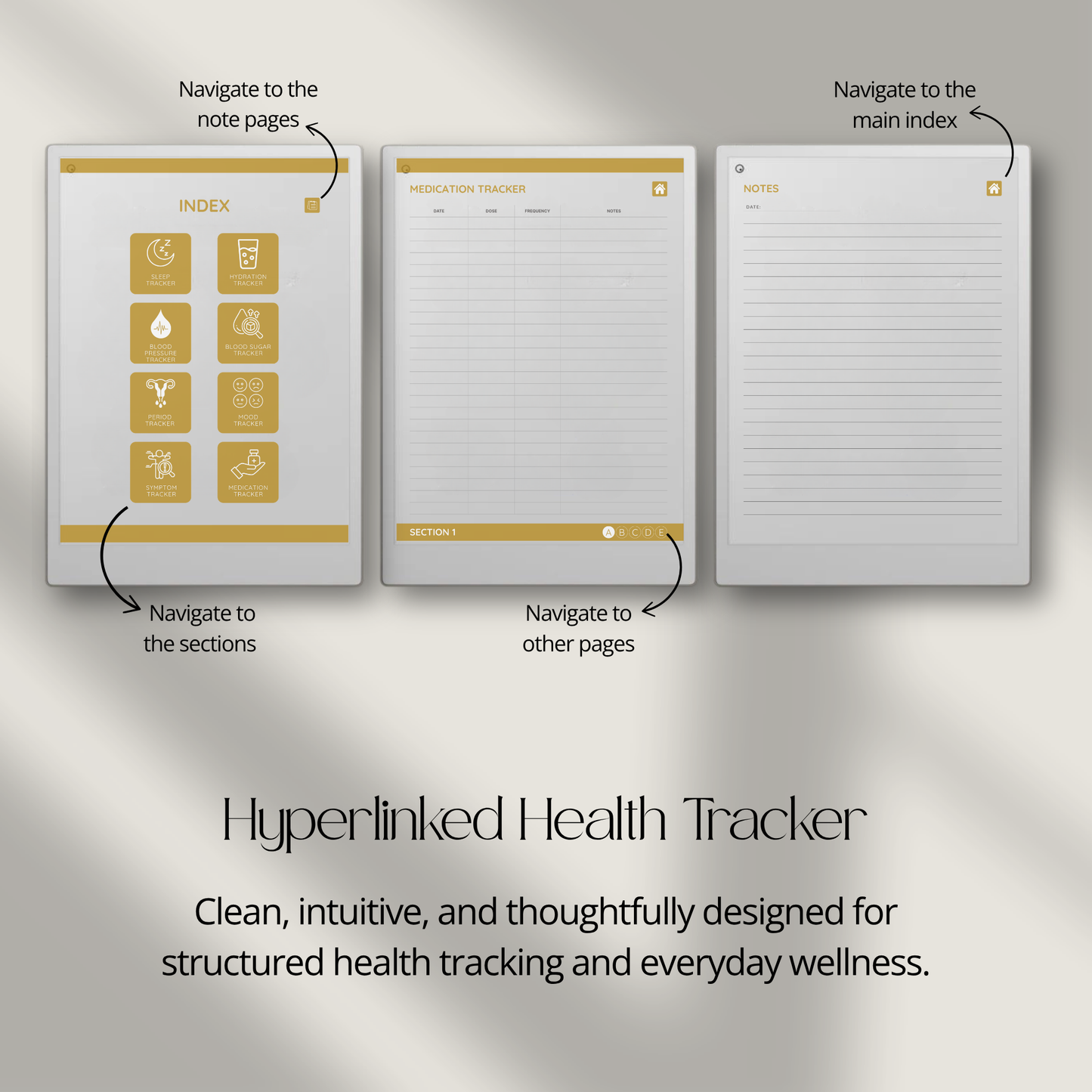 Health Tracker for reMarkable Paper Pro featuring blue, red, green, and mustard color themes with hyperlinked sleep, hydration, blood pressure, blood sugar, mood, symptom, medication, and period tracking pages.