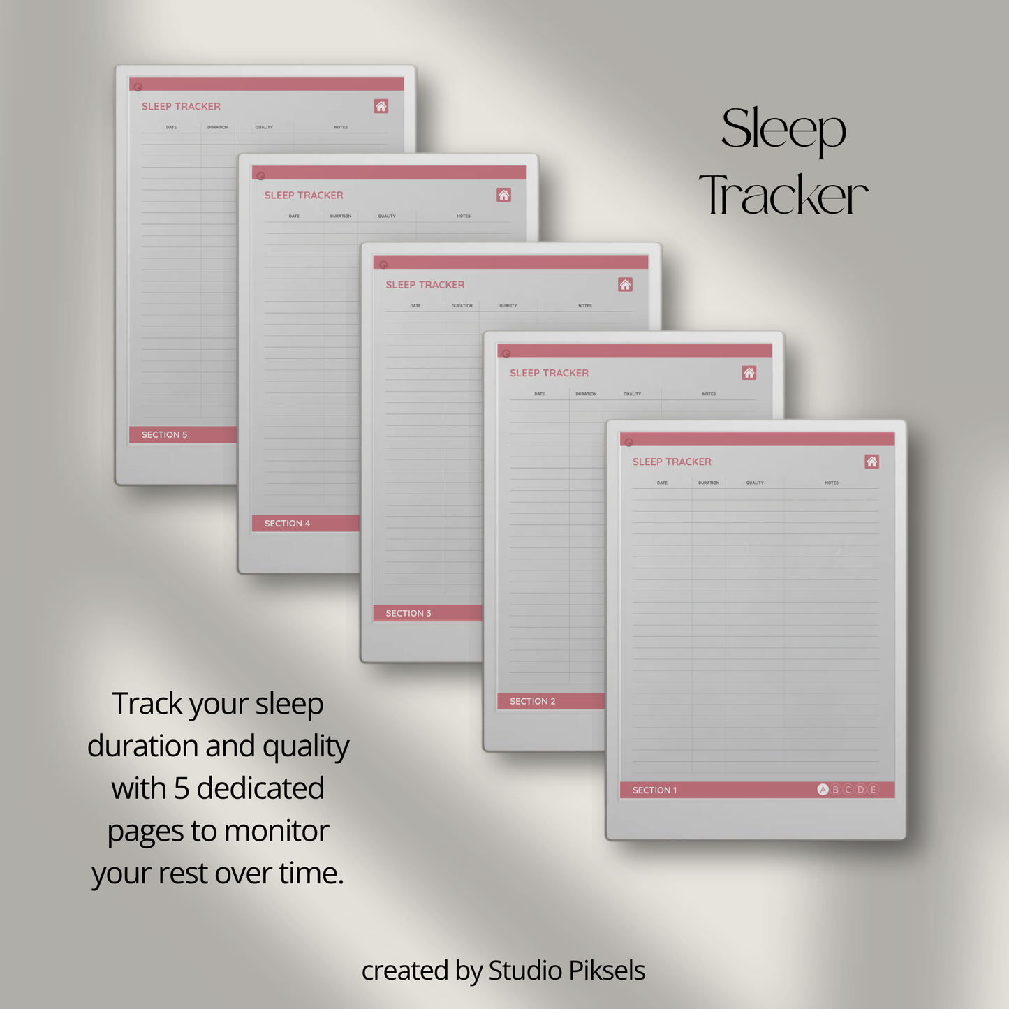 Health Tracker for reMarkable Paper Pro featuring blue, red, green, and mustard color themes with hyperlinked sleep, hydration, blood pressure, blood sugar, mood, symptom, medication, and period tracking pages.
