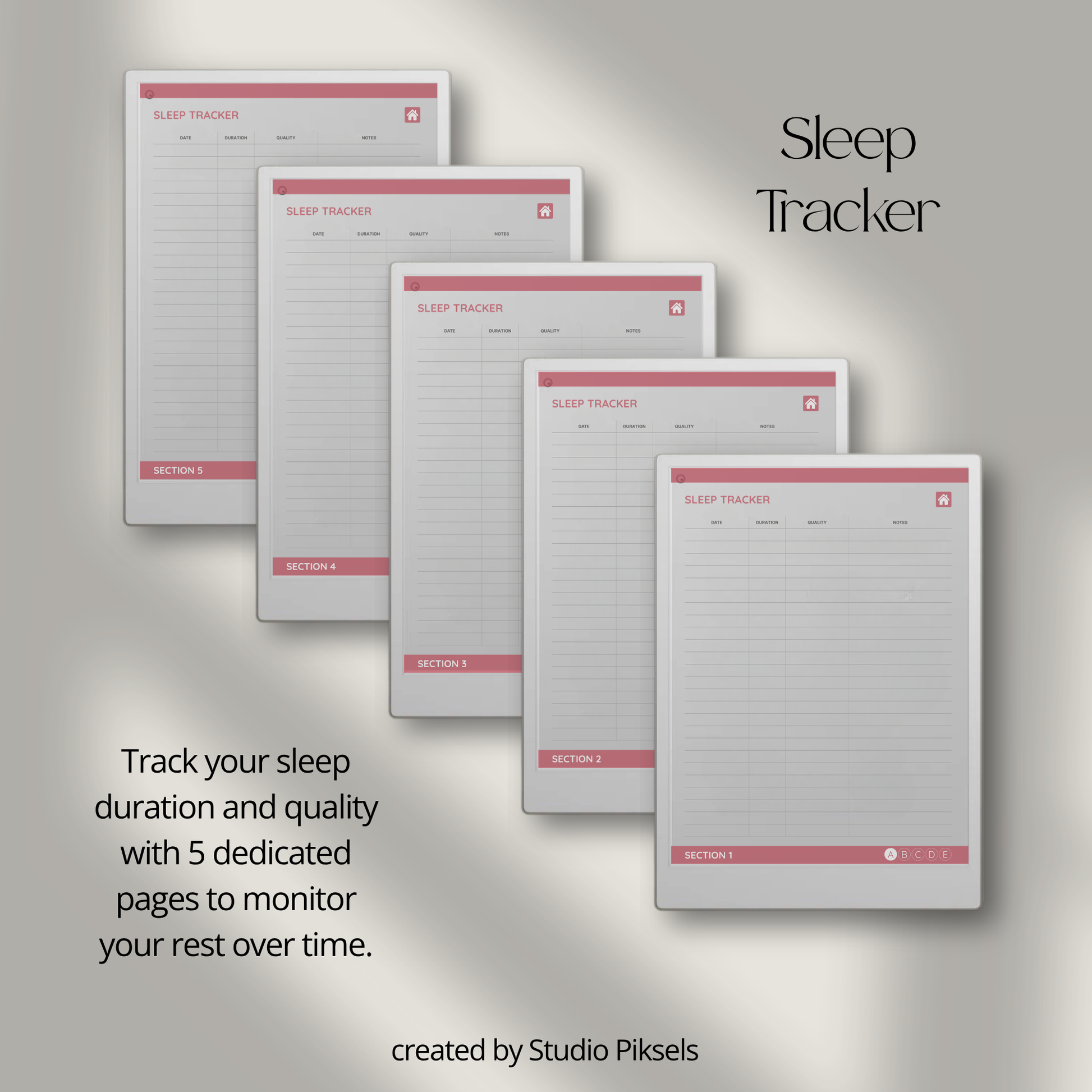 Health Tracker for reMarkable Paper Pro featuring blue, red, green, and mustard color themes with hyperlinked sleep, hydration, blood pressure, blood sugar, mood, symptom, medication, and period tracking pages.