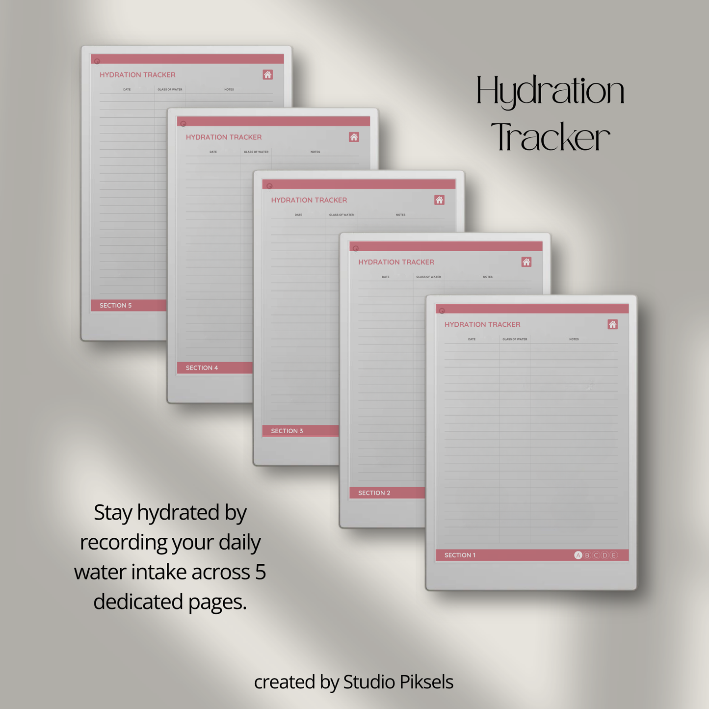 Health Tracker for reMarkable Paper Pro featuring blue, red, green, and mustard color themes with hyperlinked sleep, hydration, blood pressure, blood sugar, mood, symptom, medication, and period tracking pages.