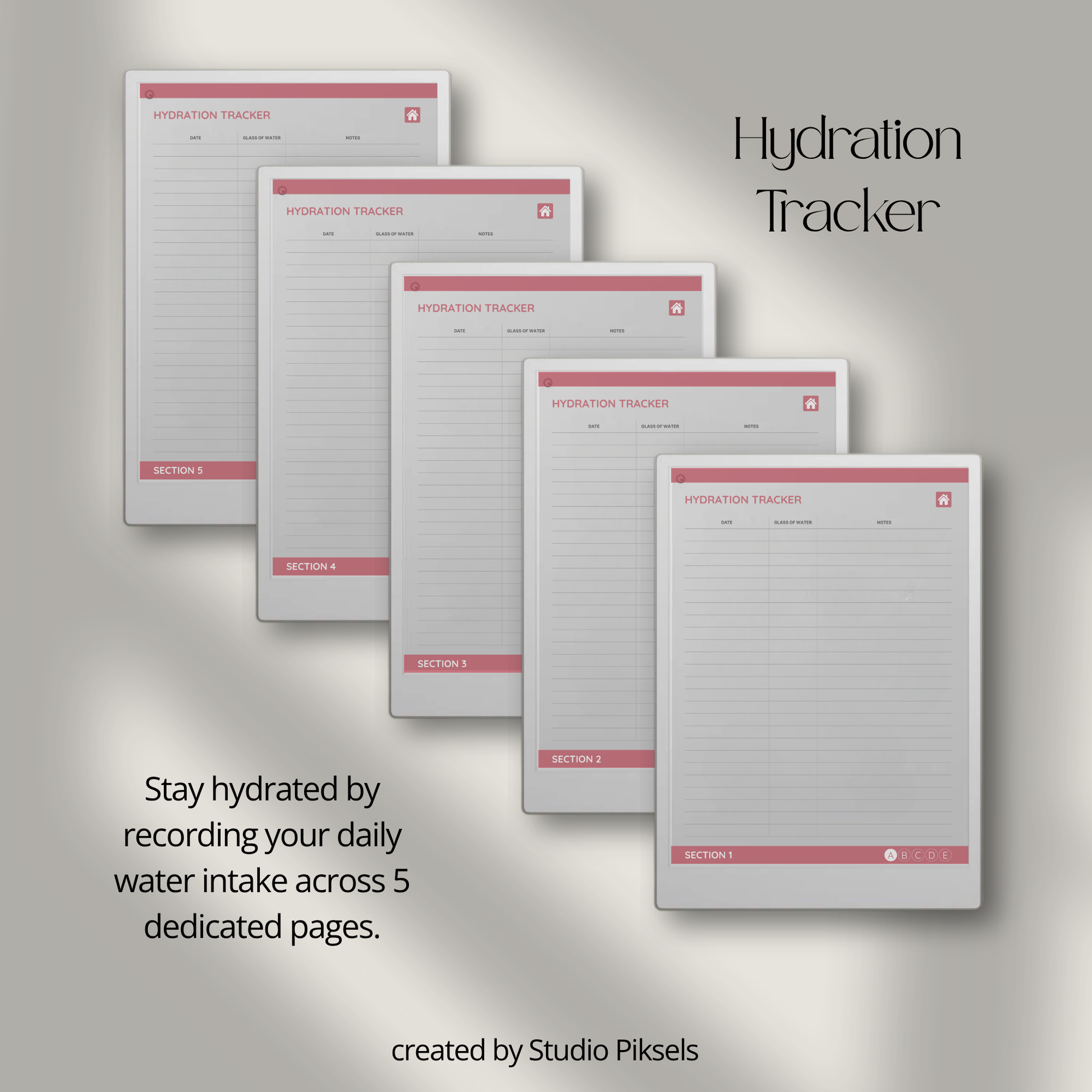Health Tracker for reMarkable Paper Pro featuring blue, red, green, and mustard color themes with hyperlinked sleep, hydration, blood pressure, blood sugar, mood, symptom, medication, and period tracking pages.