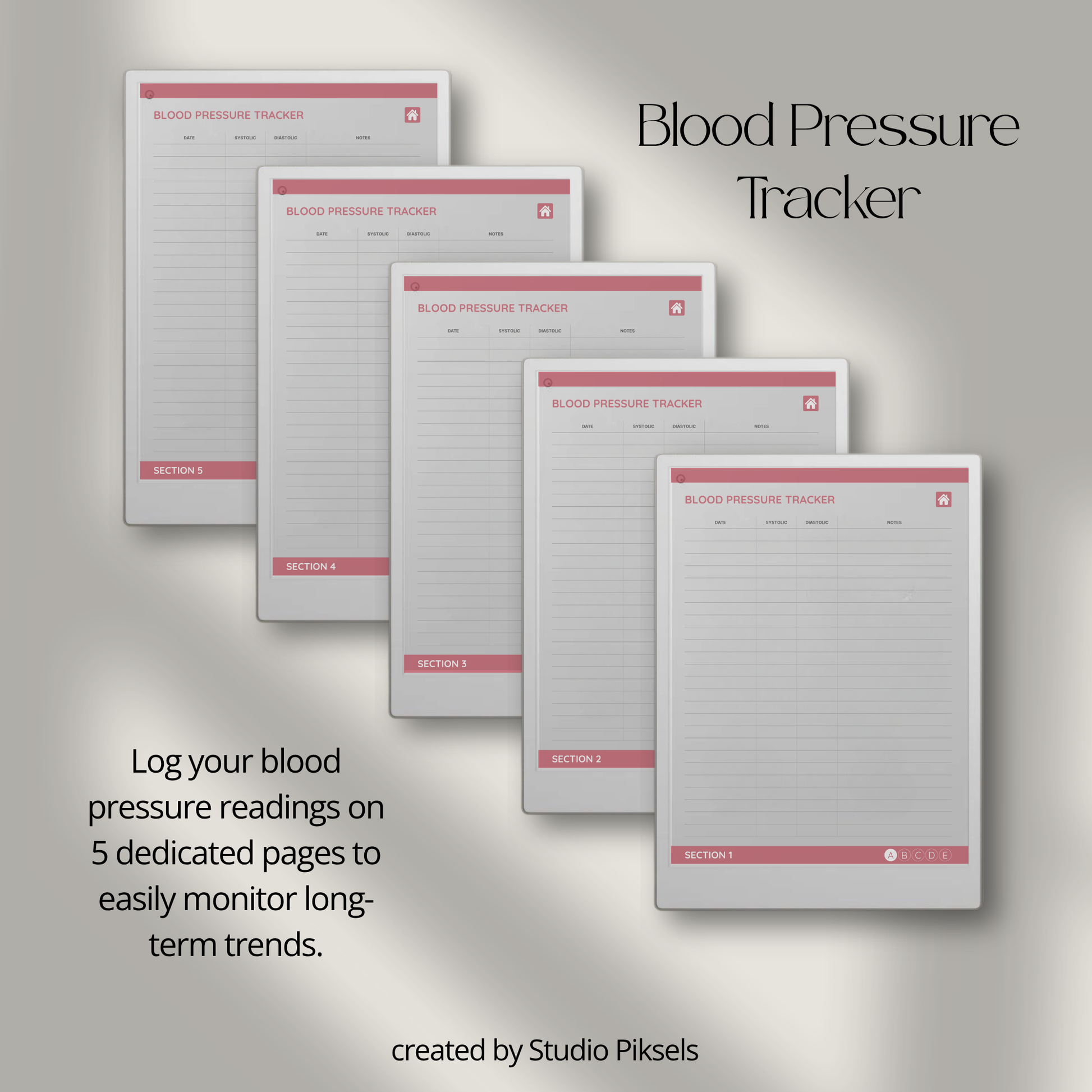 Health Tracker for reMarkable Paper Pro featuring blue, red, green, and mustard color themes with hyperlinked sleep, hydration, blood pressure, blood sugar, mood, symptom, medication, and period tracking pages.