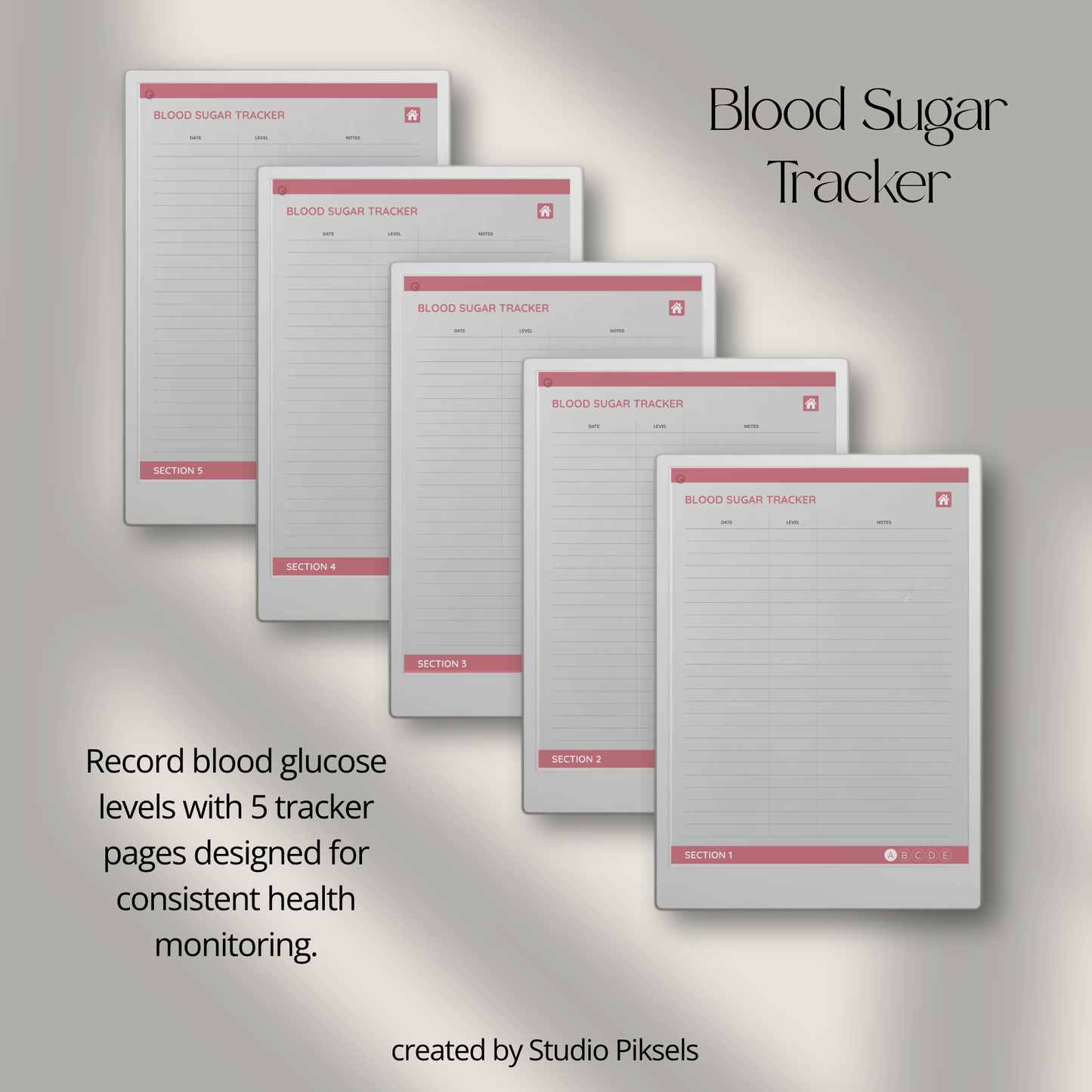 Health Tracker for reMarkable Paper Pro featuring blue, red, green, and mustard color themes with hyperlinked sleep, hydration, blood pressure, blood sugar, mood, symptom, medication, and period tracking pages.
