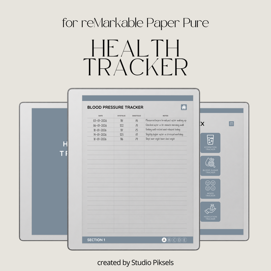 Slate gray Health Tracker for reMarkable 2 and reMarkable Paper Pure featuring hyperlinked sleep, hydration, blood pressure, blood sugar, mood, symptom, medication, and period tracking pages.