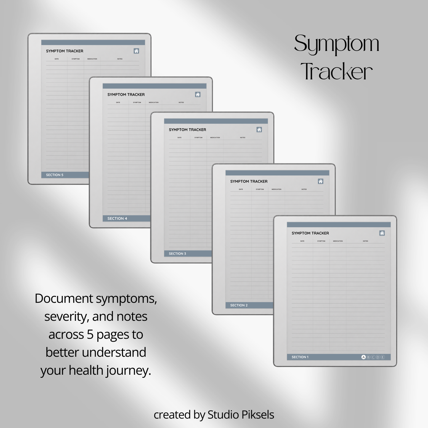 Slate gray Health Tracker for reMarkable 2 and reMarkable Paper Pure featuring hyperlinked sleep, hydration, blood pressure, blood sugar, mood, symptom, medication, and period tracking pages.