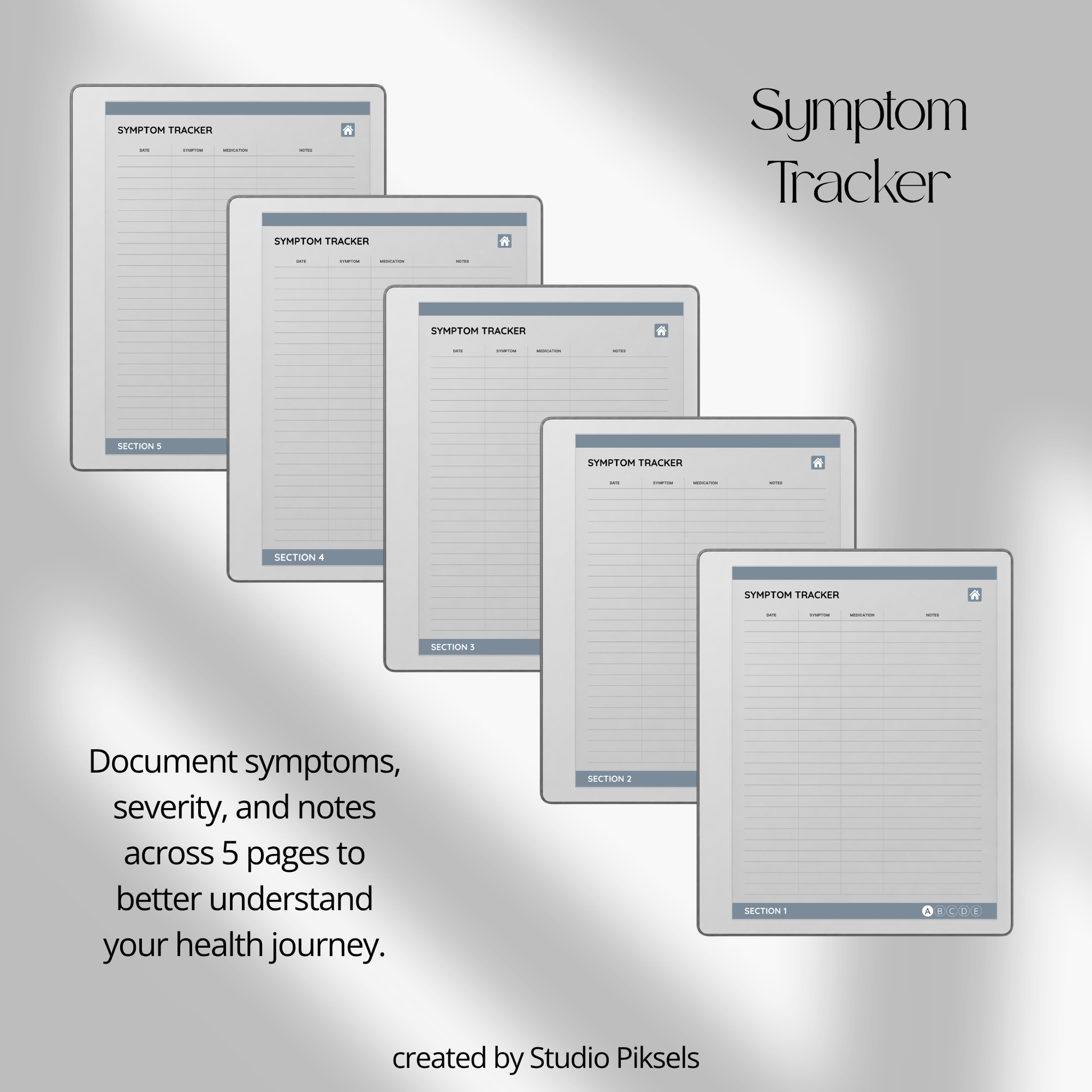 Slate gray Health Tracker for reMarkable 2 and reMarkable Paper Pure featuring hyperlinked sleep, hydration, blood pressure, blood sugar, mood, symptom, medication, and period tracking pages.