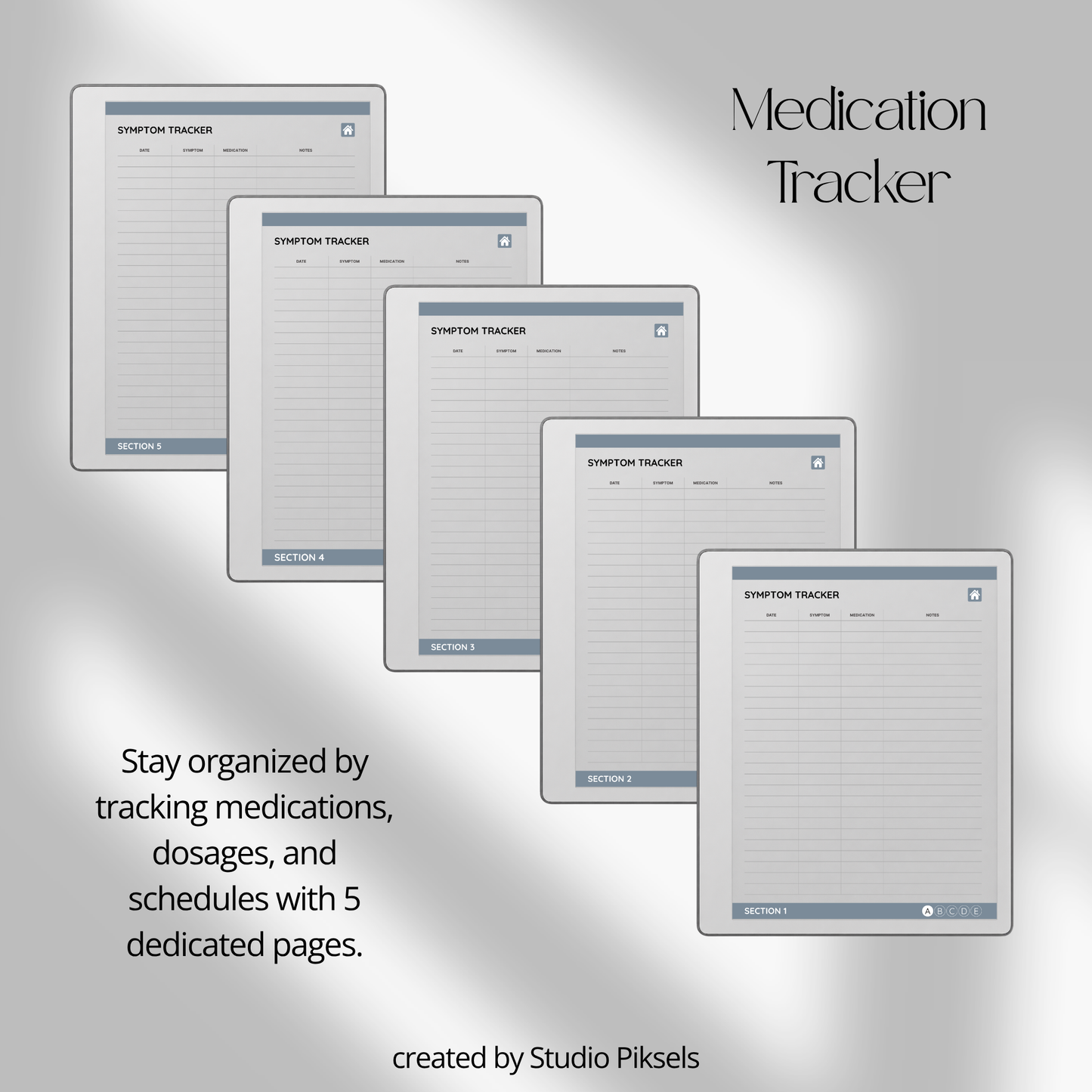 Slate gray Health Tracker for reMarkable 2 and reMarkable Paper Pure featuring hyperlinked sleep, hydration, blood pressure, blood sugar, mood, symptom, medication, and period tracking pages.