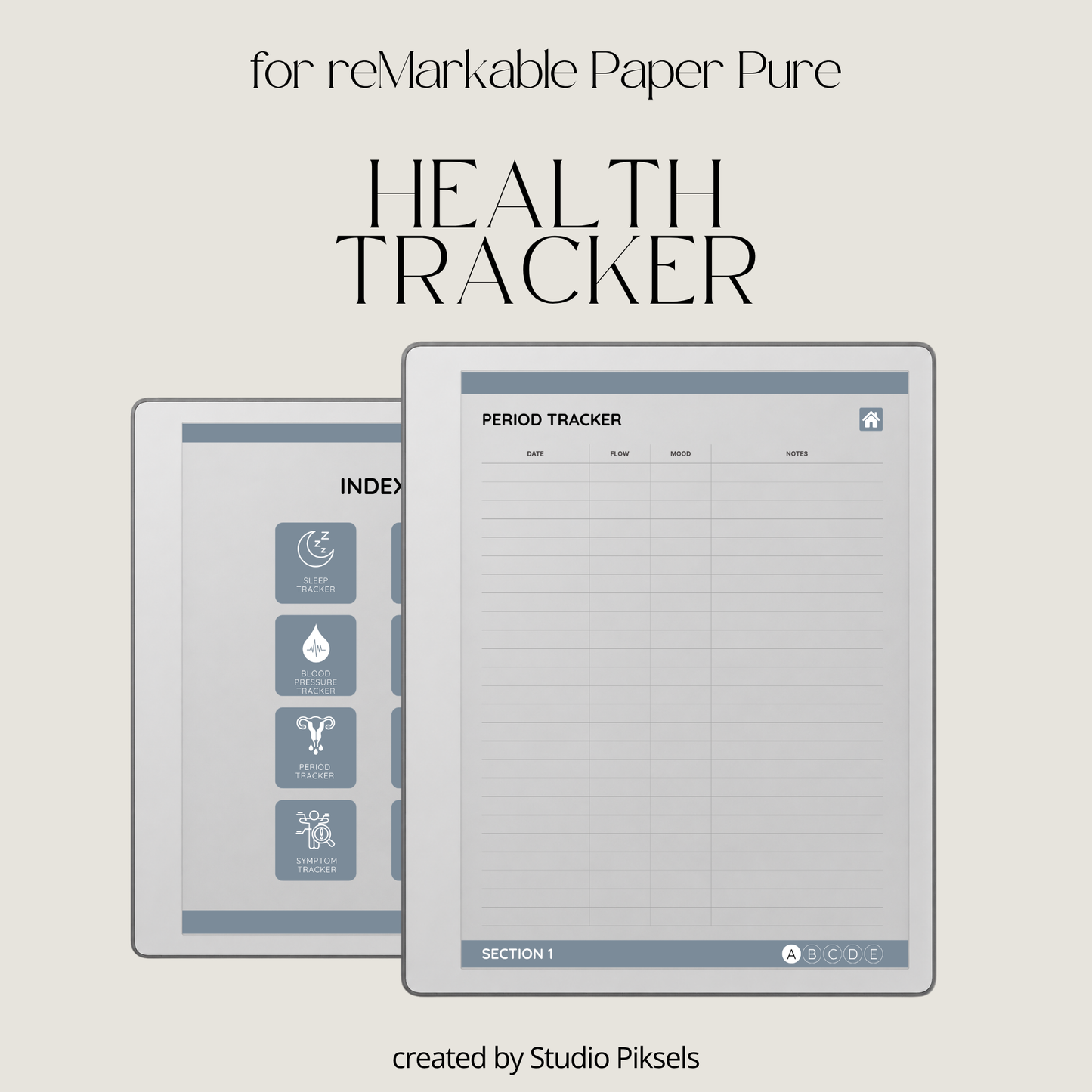 Slate gray Health Tracker for reMarkable 2 and reMarkable Paper Pure featuring hyperlinked sleep, hydration, blood pressure, blood sugar, mood, symptom, medication, and period tracking pages.