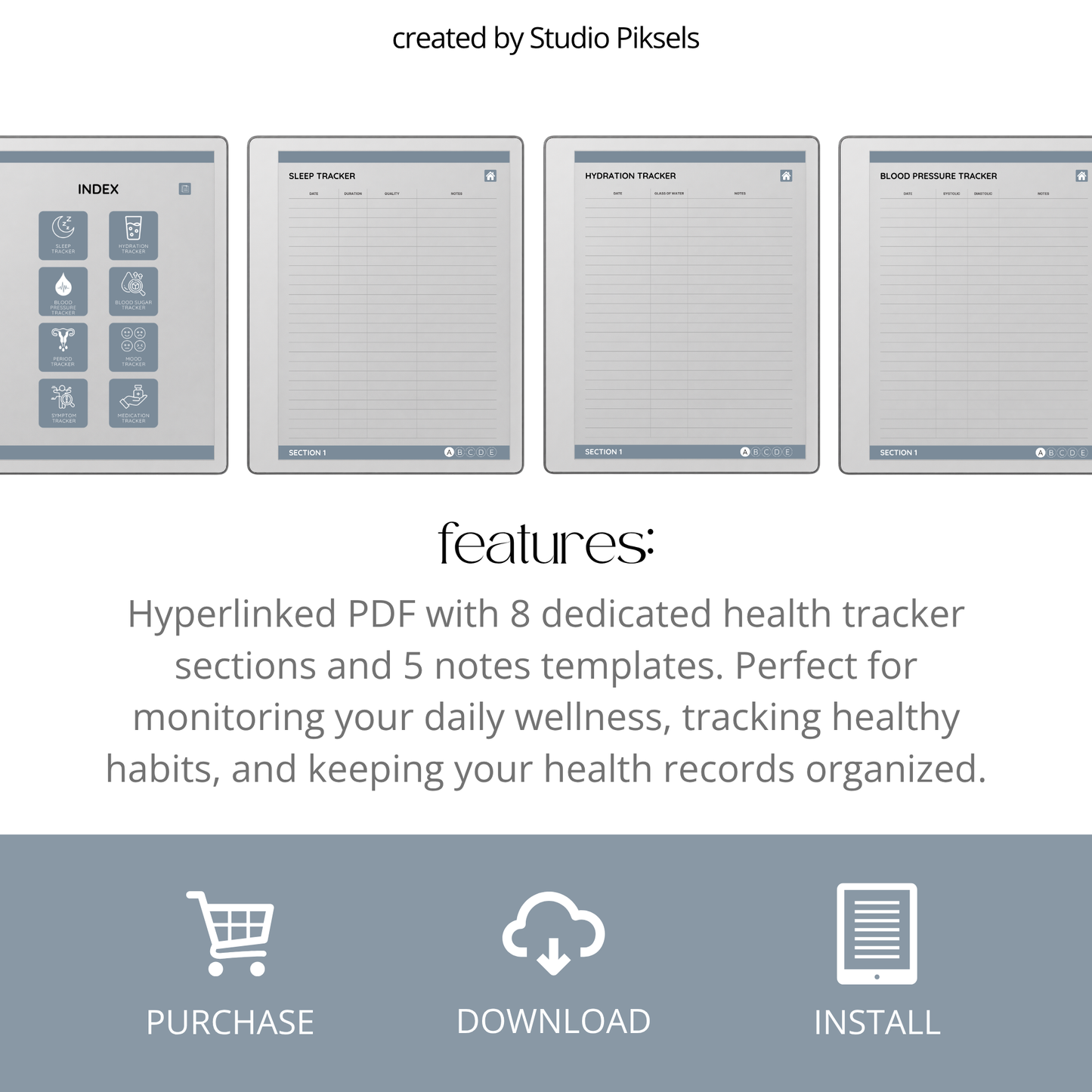 Slate gray Health Tracker for reMarkable 2 and reMarkable Paper Pure featuring hyperlinked sleep, hydration, blood pressure, blood sugar, mood, symptom, medication, and period tracking pages.