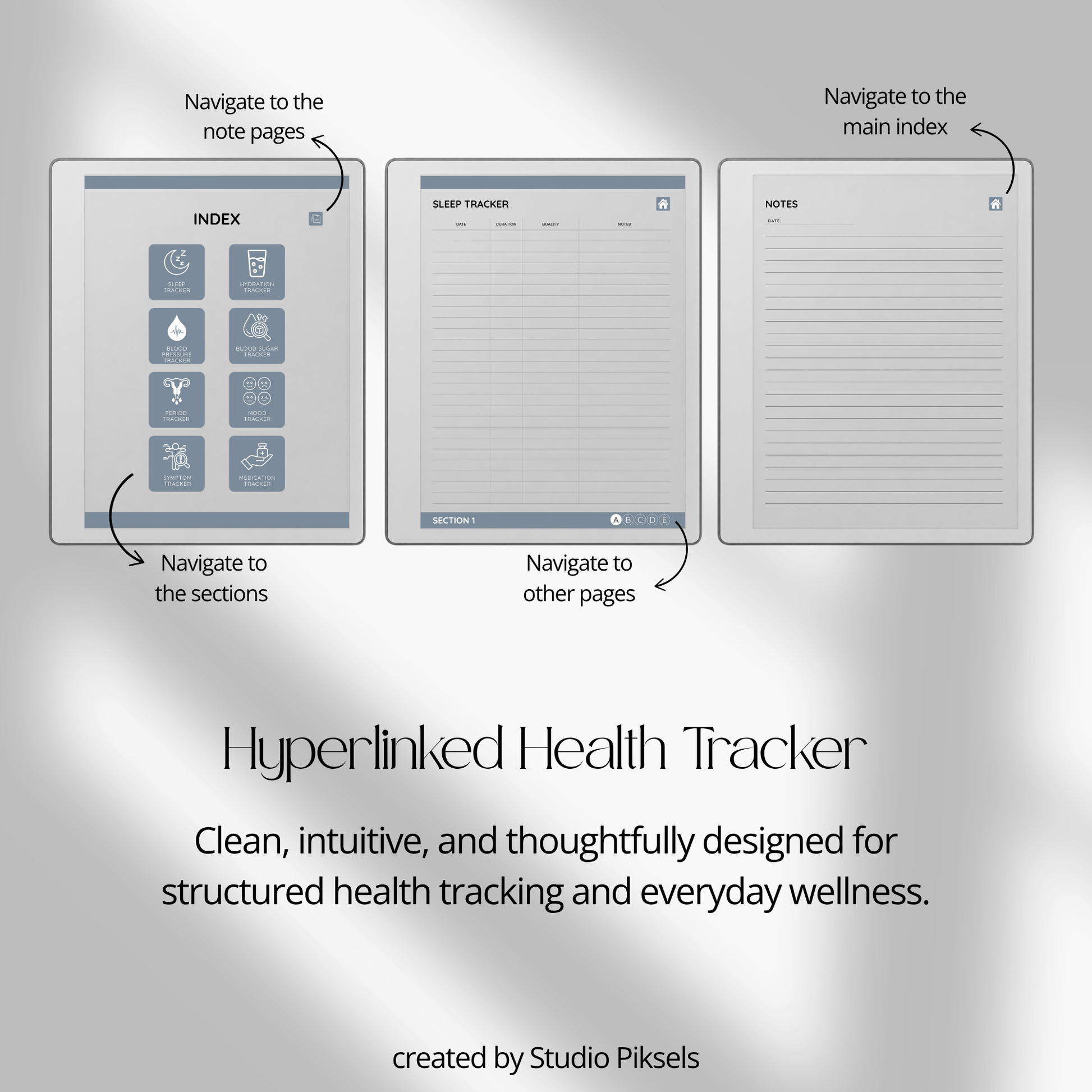 Slate gray Health Tracker for reMarkable 2 and reMarkable Paper Pure featuring hyperlinked sleep, hydration, blood pressure, blood sugar, mood, symptom, medication, and period tracking pages.