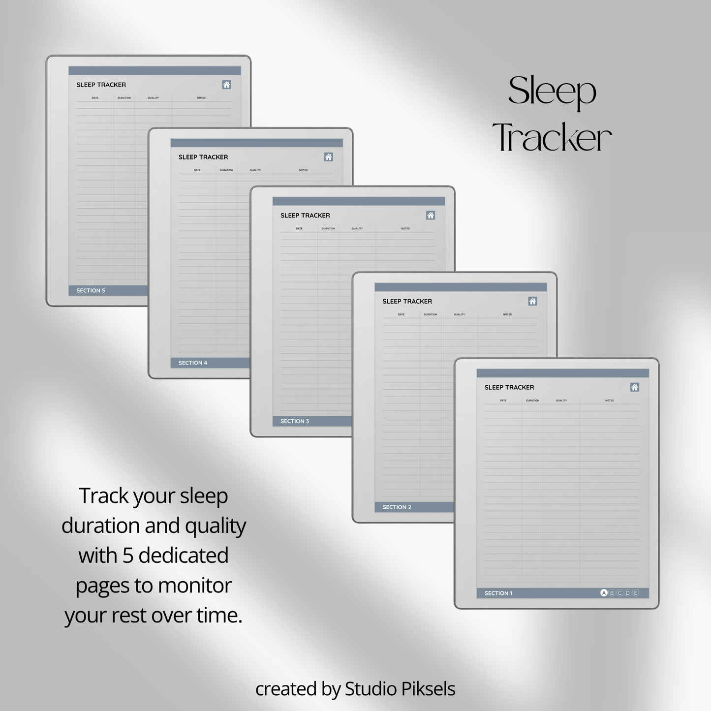 Slate gray Health Tracker for reMarkable 2 and reMarkable Paper Pure featuring hyperlinked sleep, hydration, blood pressure, blood sugar, mood, symptom, medication, and period tracking pages.