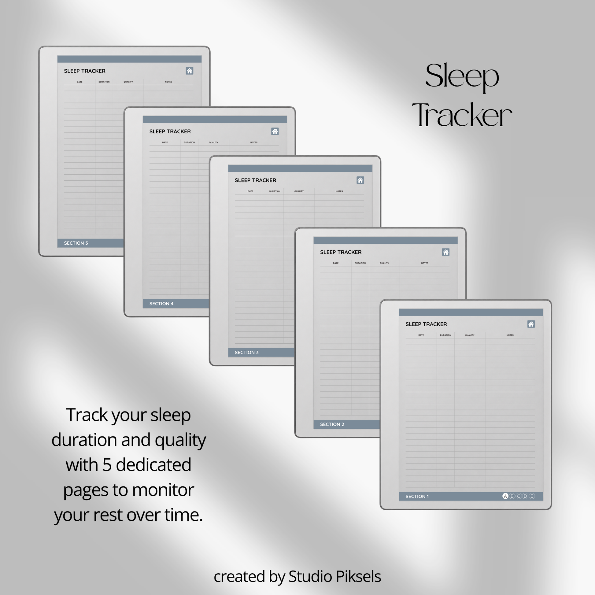 Slate gray Health Tracker for reMarkable 2 and reMarkable Paper Pure featuring hyperlinked sleep, hydration, blood pressure, blood sugar, mood, symptom, medication, and period tracking pages.