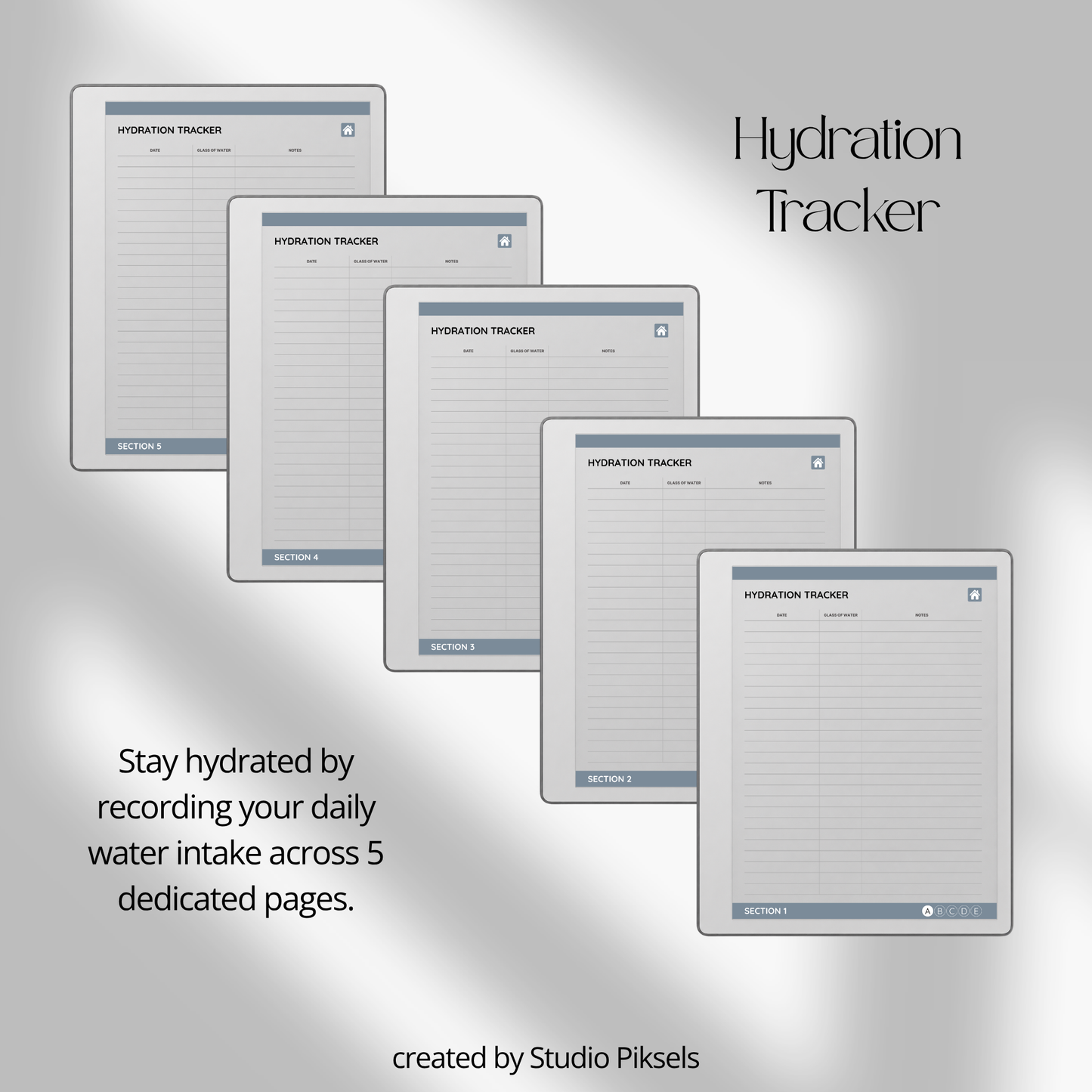 Slate gray Health Tracker for reMarkable 2 and reMarkable Paper Pure featuring hyperlinked sleep, hydration, blood pressure, blood sugar, mood, symptom, medication, and period tracking pages.