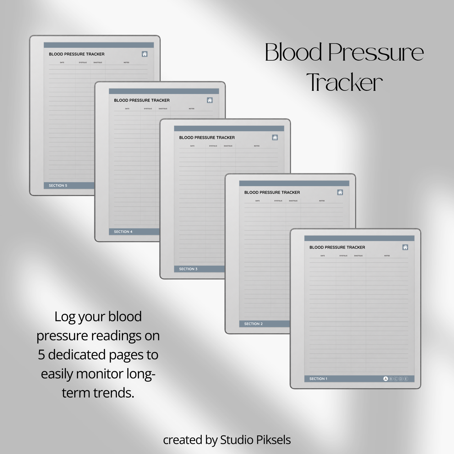 Slate gray Health Tracker for reMarkable 2 and reMarkable Paper Pure featuring hyperlinked sleep, hydration, blood pressure, blood sugar, mood, symptom, medication, and period tracking pages.