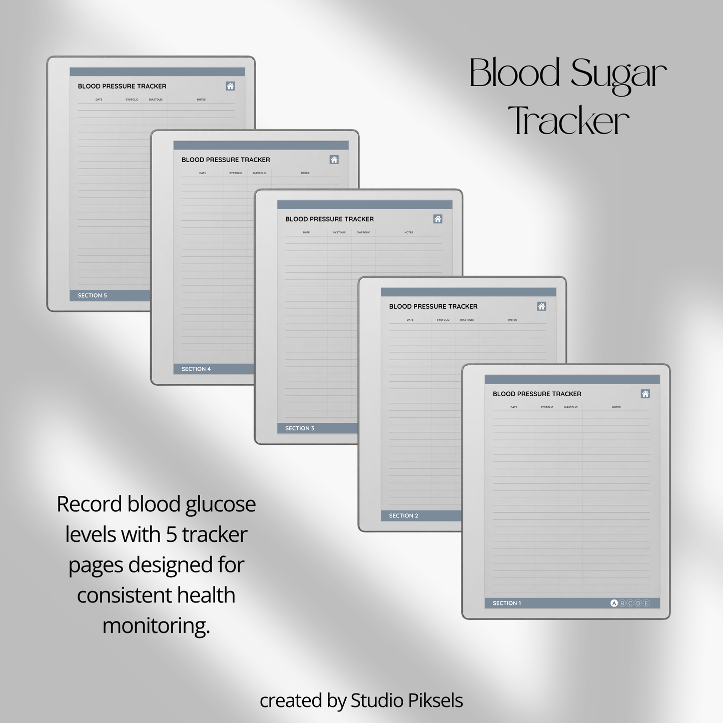 Slate gray Health Tracker for reMarkable 2 and reMarkable Paper Pure featuring hyperlinked sleep, hydration, blood pressure, blood sugar, mood, symptom, medication, and period tracking pages.