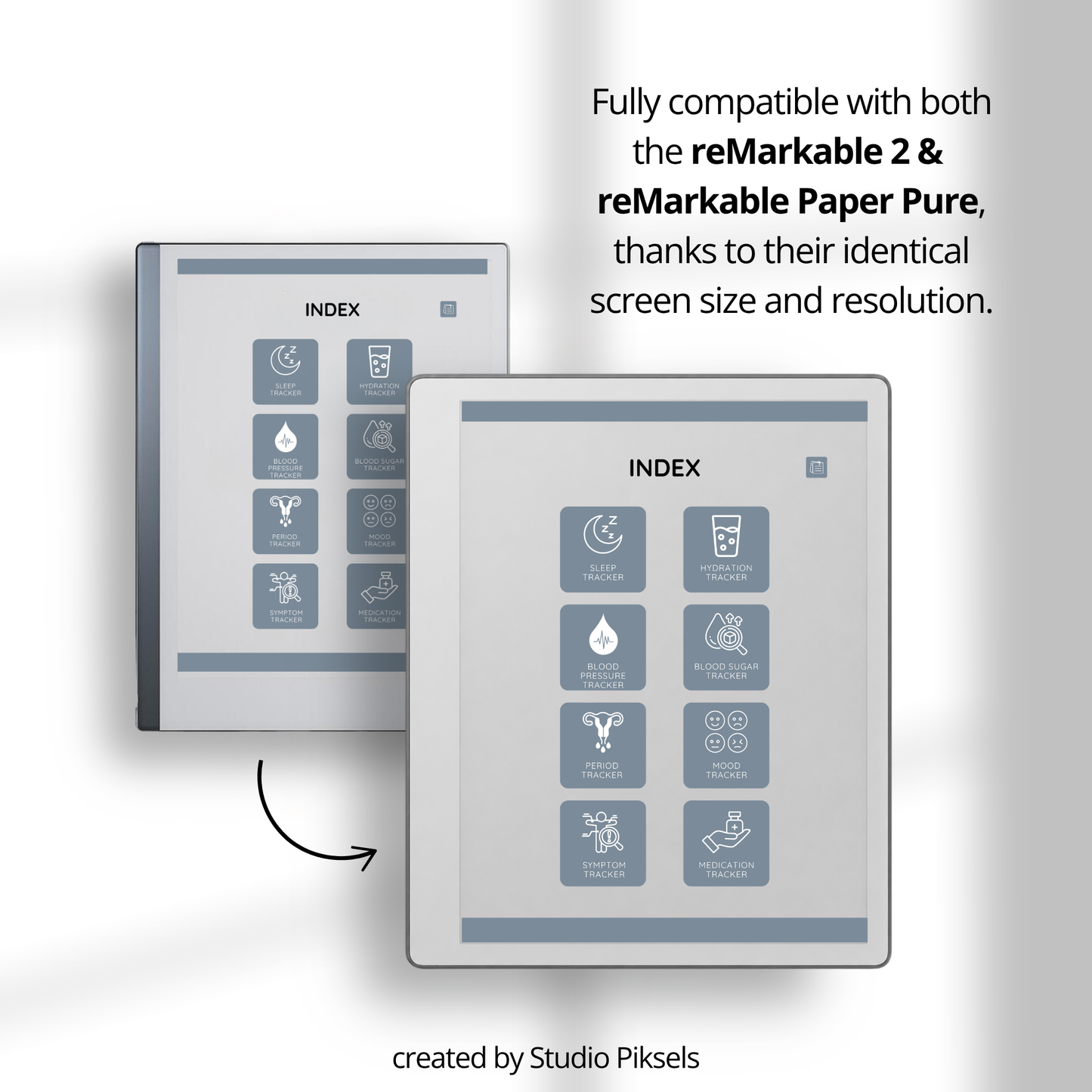 Slate gray Health Tracker for reMarkable 2 and reMarkable Paper Pure featuring hyperlinked sleep, hydration, blood pressure, blood sugar, mood, symptom, medication, and period tracking pages.