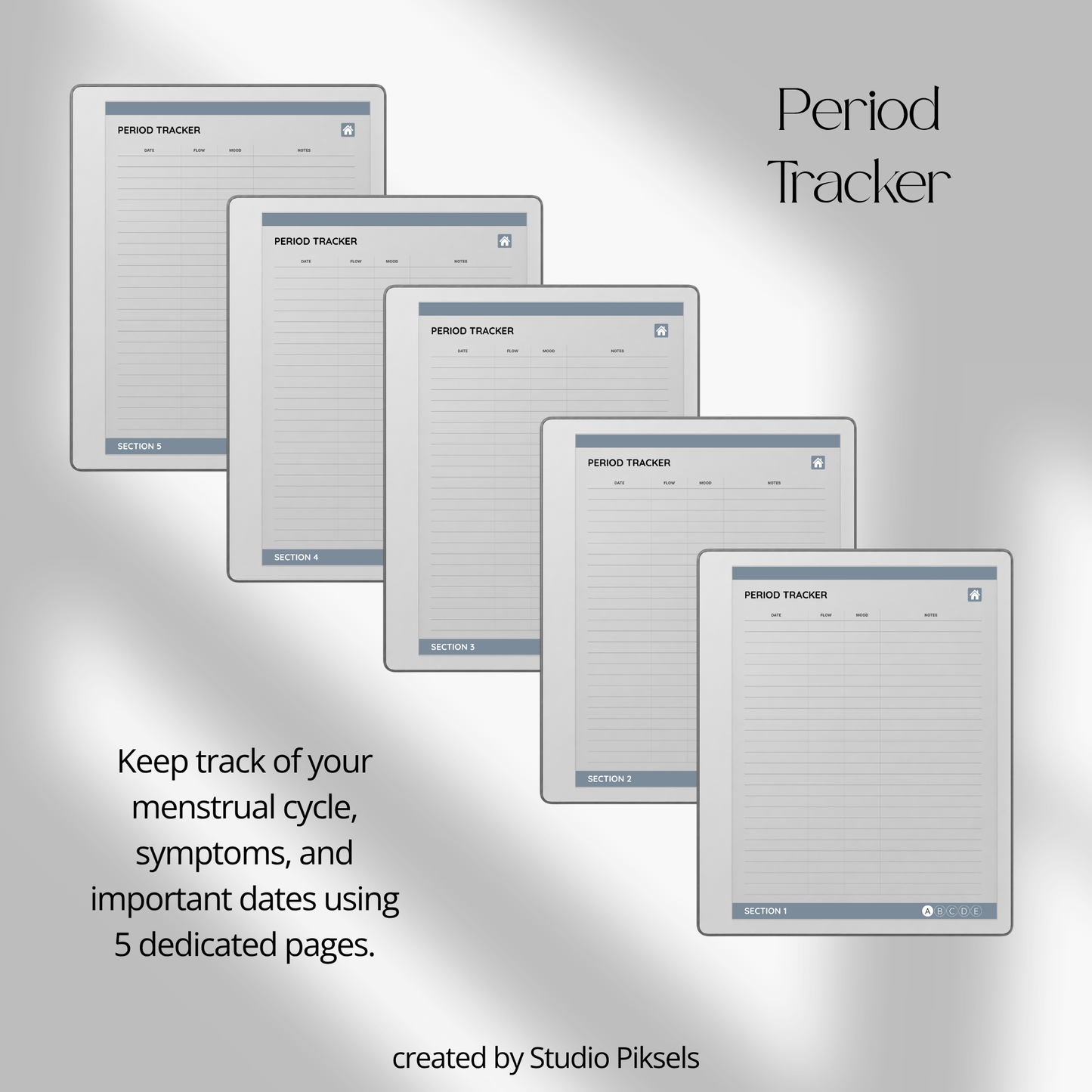 Slate gray Health Tracker for reMarkable 2 and reMarkable Paper Pure featuring hyperlinked sleep, hydration, blood pressure, blood sugar, mood, symptom, medication, and period tracking pages.