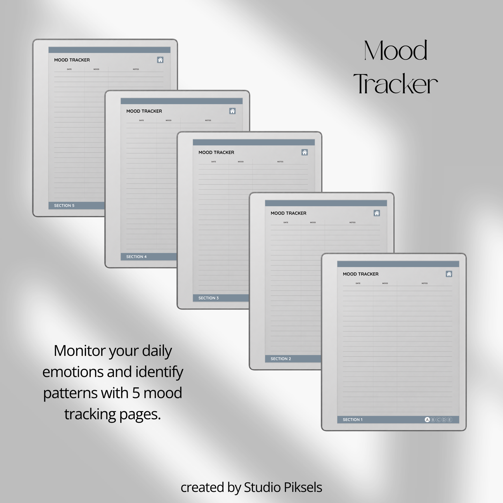 Slate gray Health Tracker for reMarkable 2 and reMarkable Paper Pure featuring hyperlinked sleep, hydration, blood pressure, blood sugar, mood, symptom, medication, and period tracking pages.