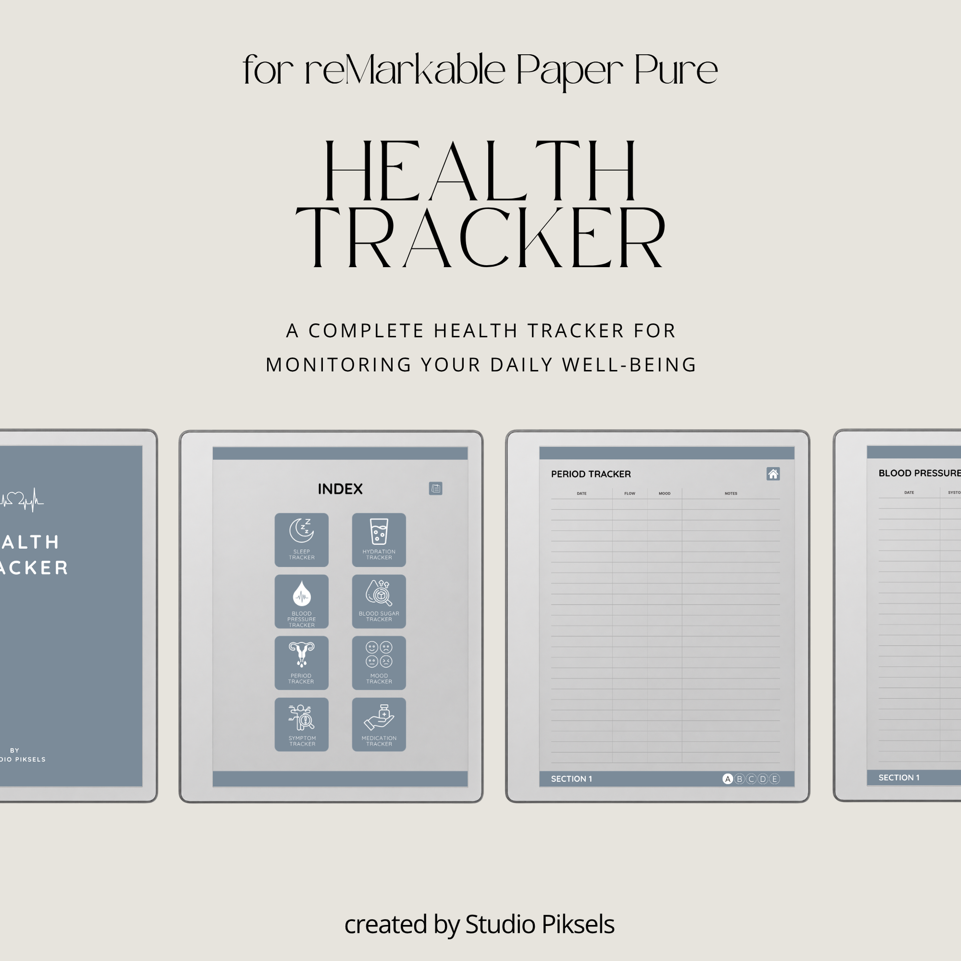 Slate gray Health Tracker for reMarkable 2 and reMarkable Paper Pure featuring hyperlinked sleep, hydration, blood pressure, blood sugar, mood, symptom, medication, and period tracking pages.