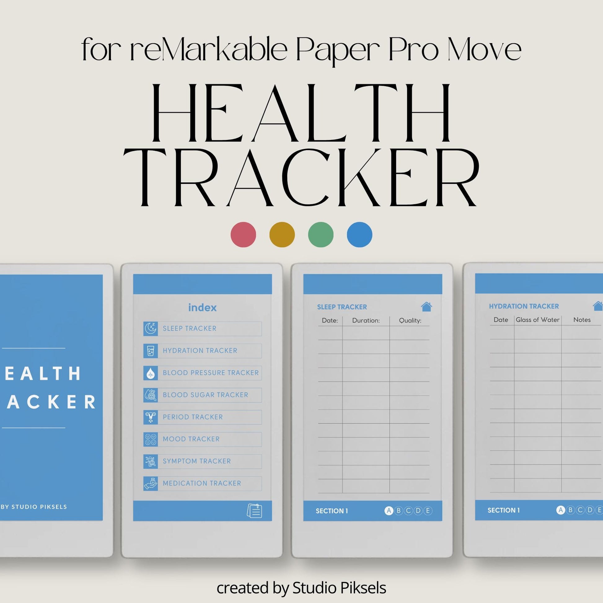 Health tracker for reMarkable Paper Pro Move with hyperlinked sections.