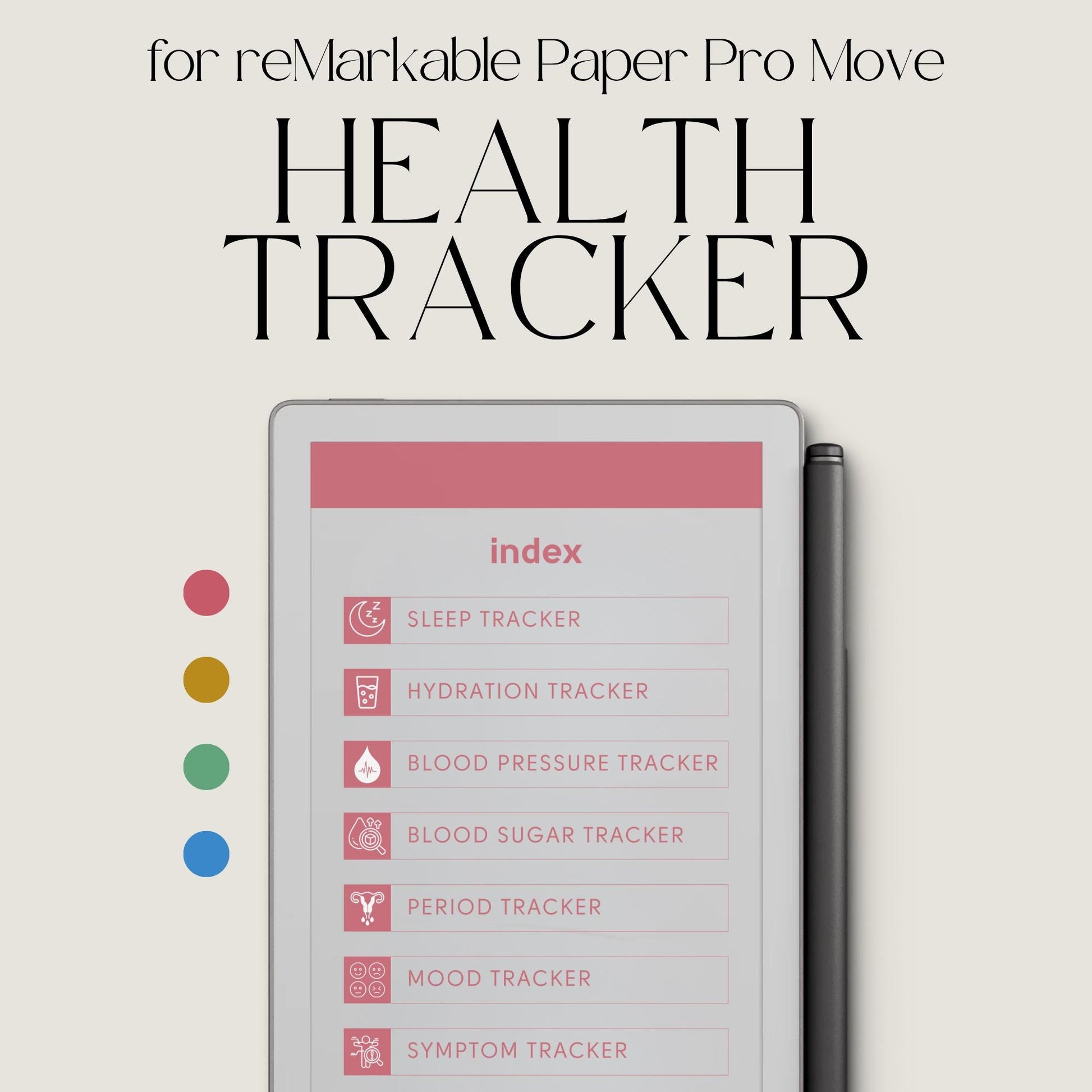Health tracker for reMarkable Paper Pro Move with hyperlinked sections.