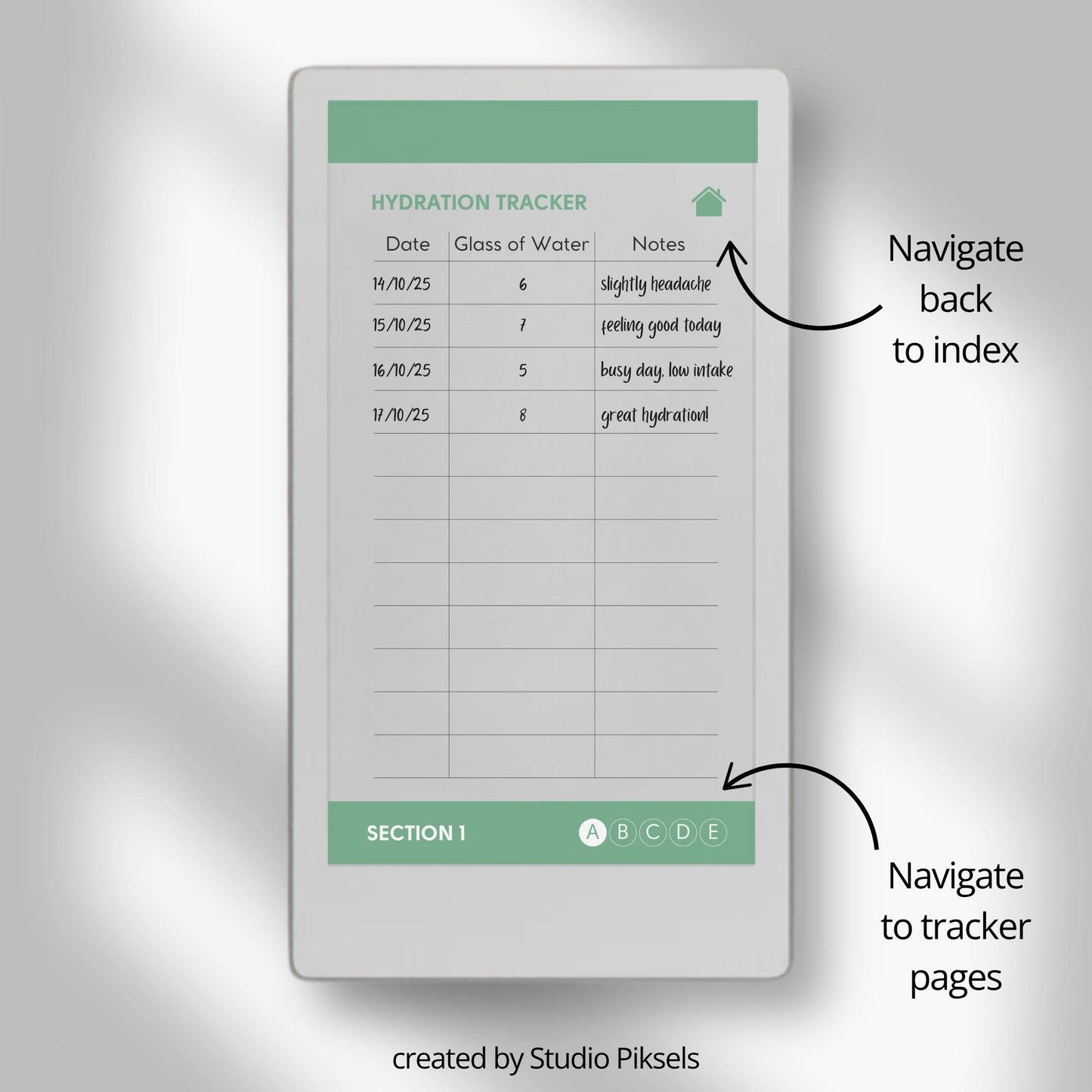 Health tracker for reMarkable Paper Pro Move with hyperlinked sections.