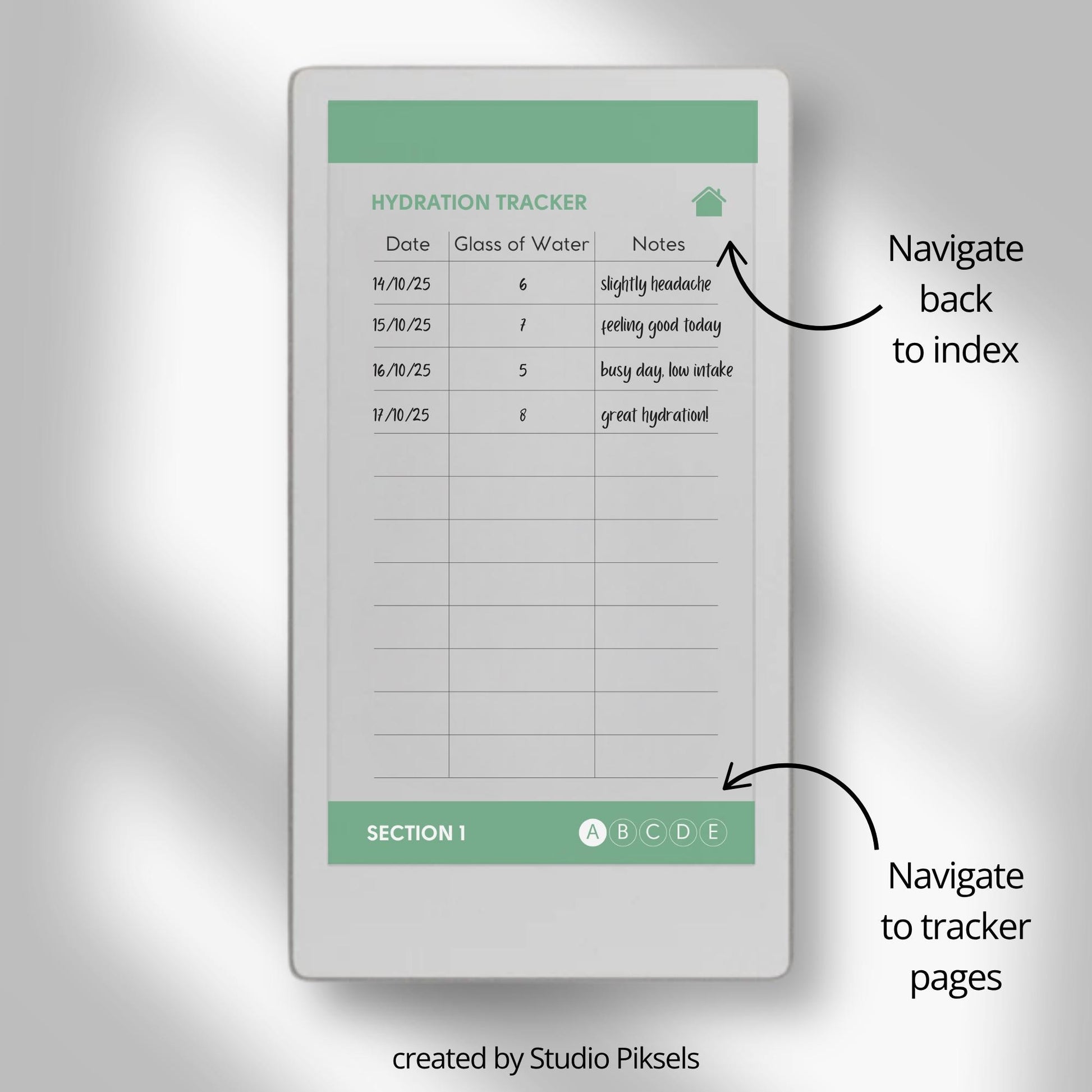Health tracker for reMarkable Paper Pro Move with hyperlinked sections.