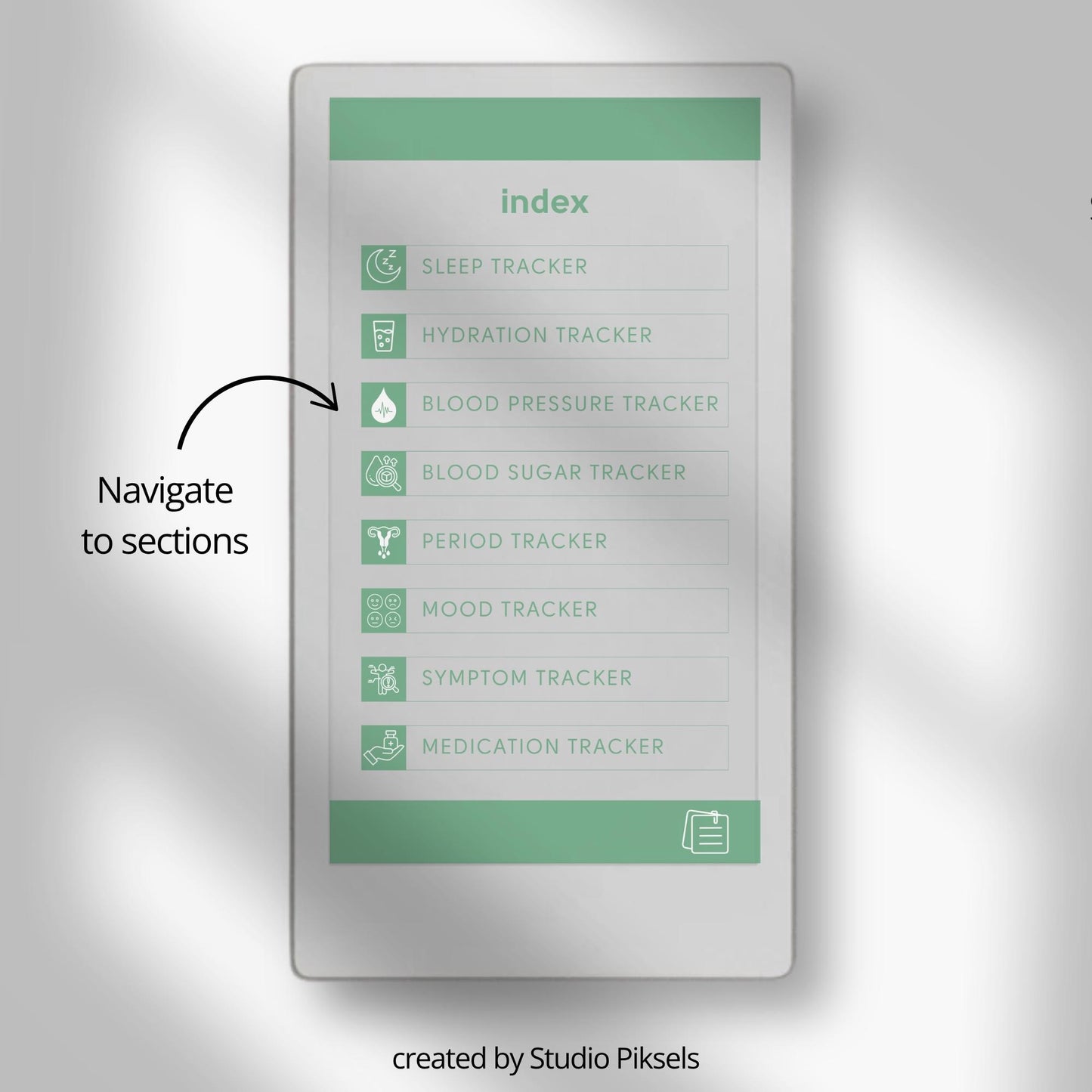 Health tracker for reMarkable Paper Pro Move with hyperlinked sections.