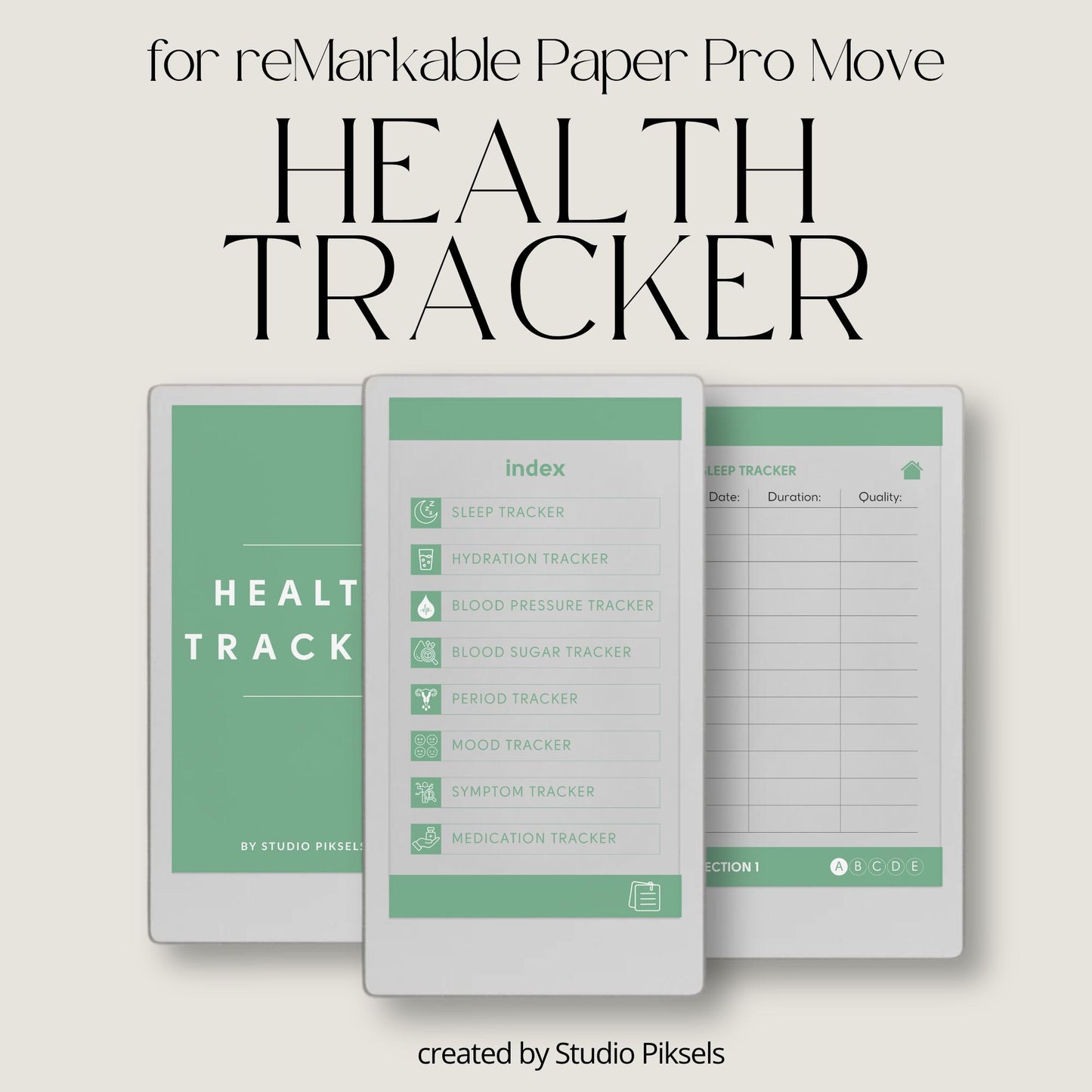 Health tracker for reMarkable Paper Pro Move with hyperlinked sections.