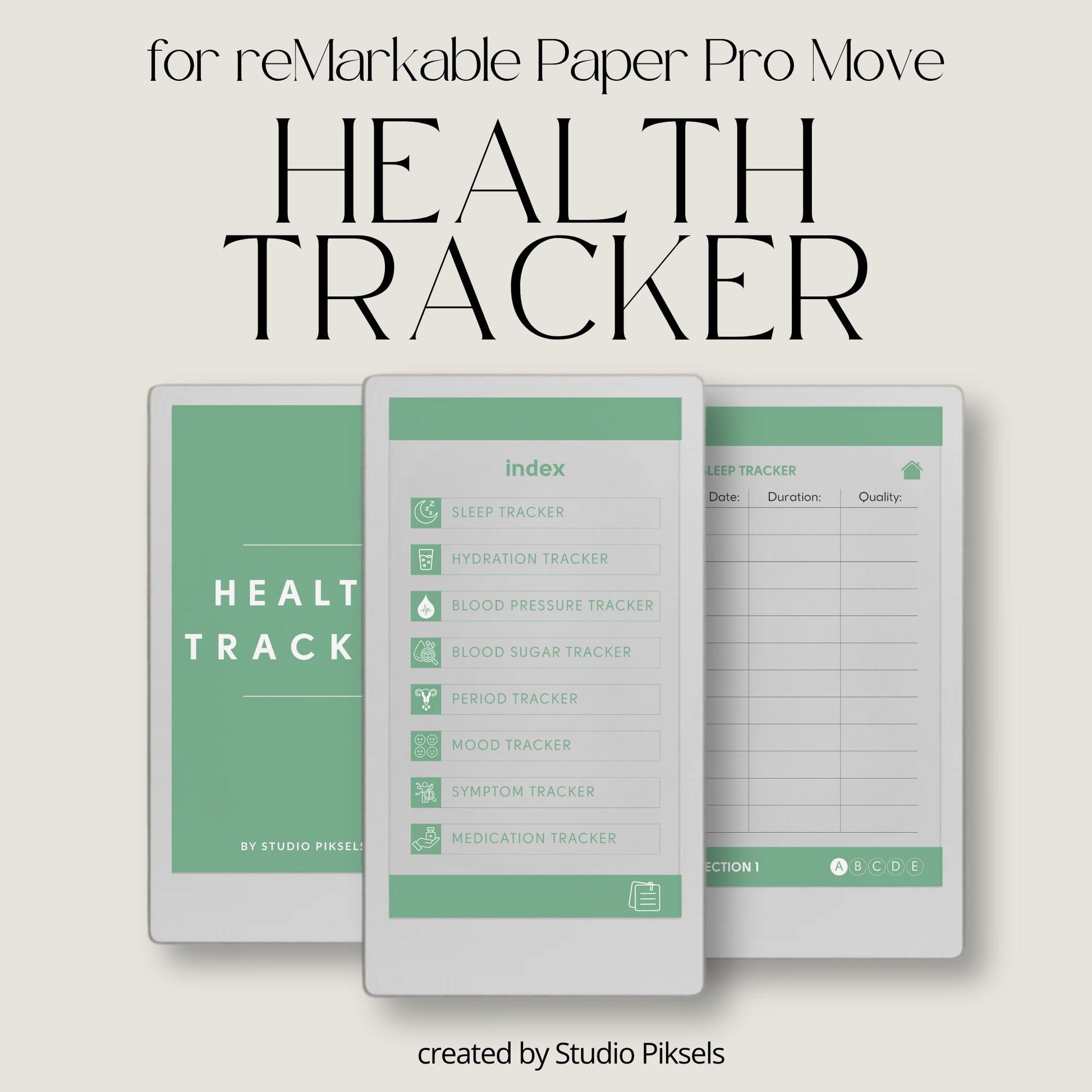 Health tracker for reMarkable Paper Pro Move with hyperlinked sections.