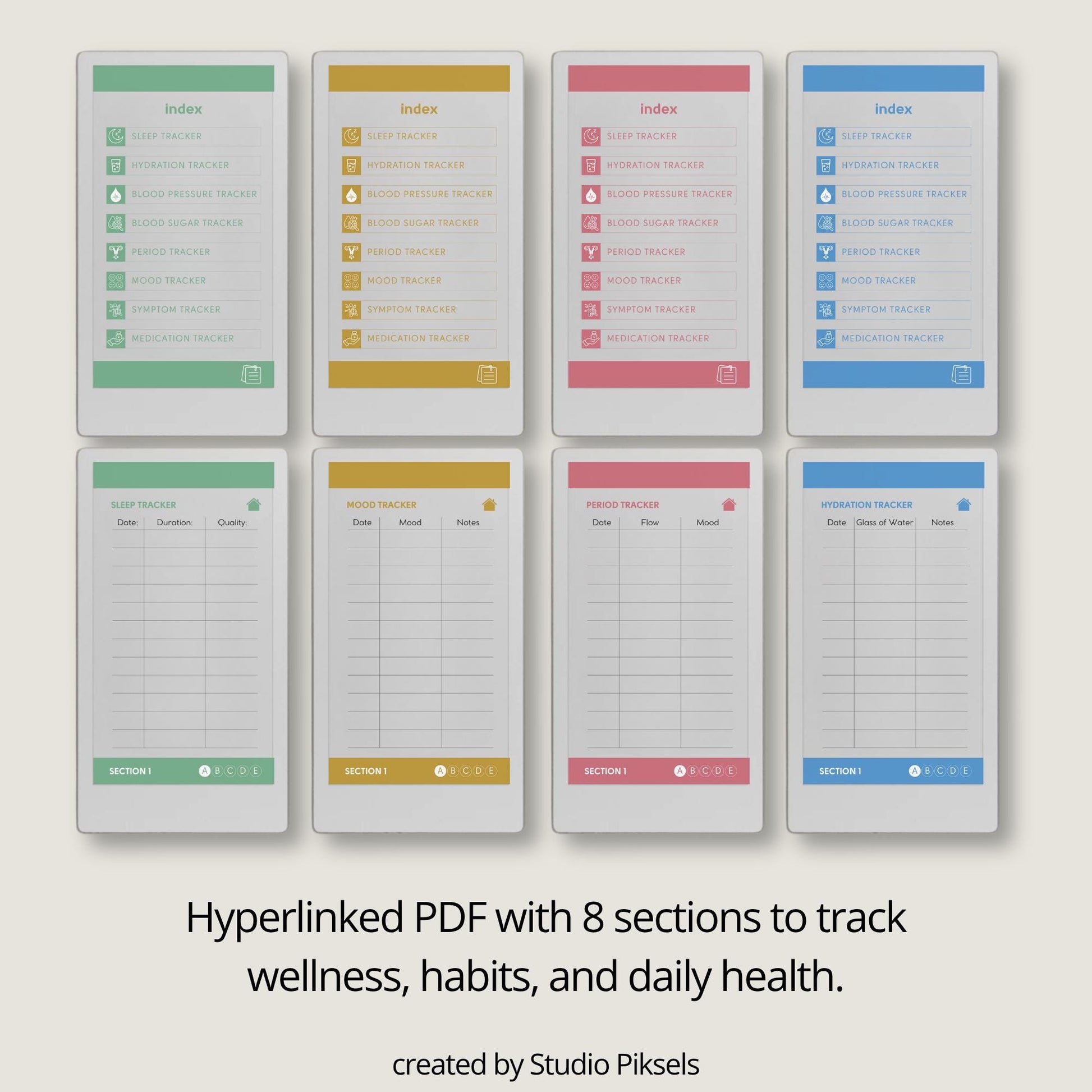 Health tracker for reMarkable Paper Pro Move with hyperlinked sections.