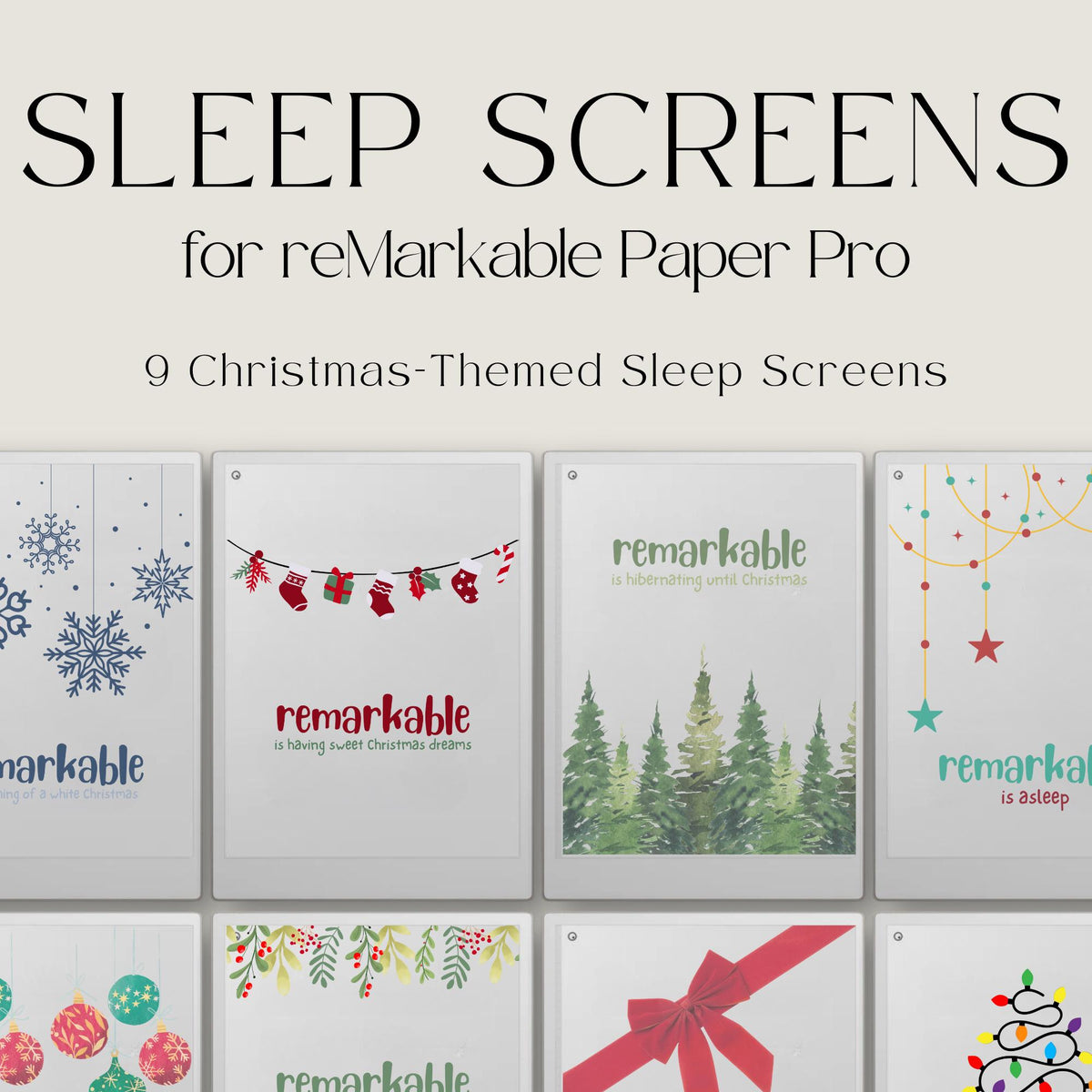 Bring the magic of Christmas to your reMarkable Paper Pro with this festive sleep screen bundle. Each design captures the joyful spirit of the holiday season, adding warmth and cheer to your device.