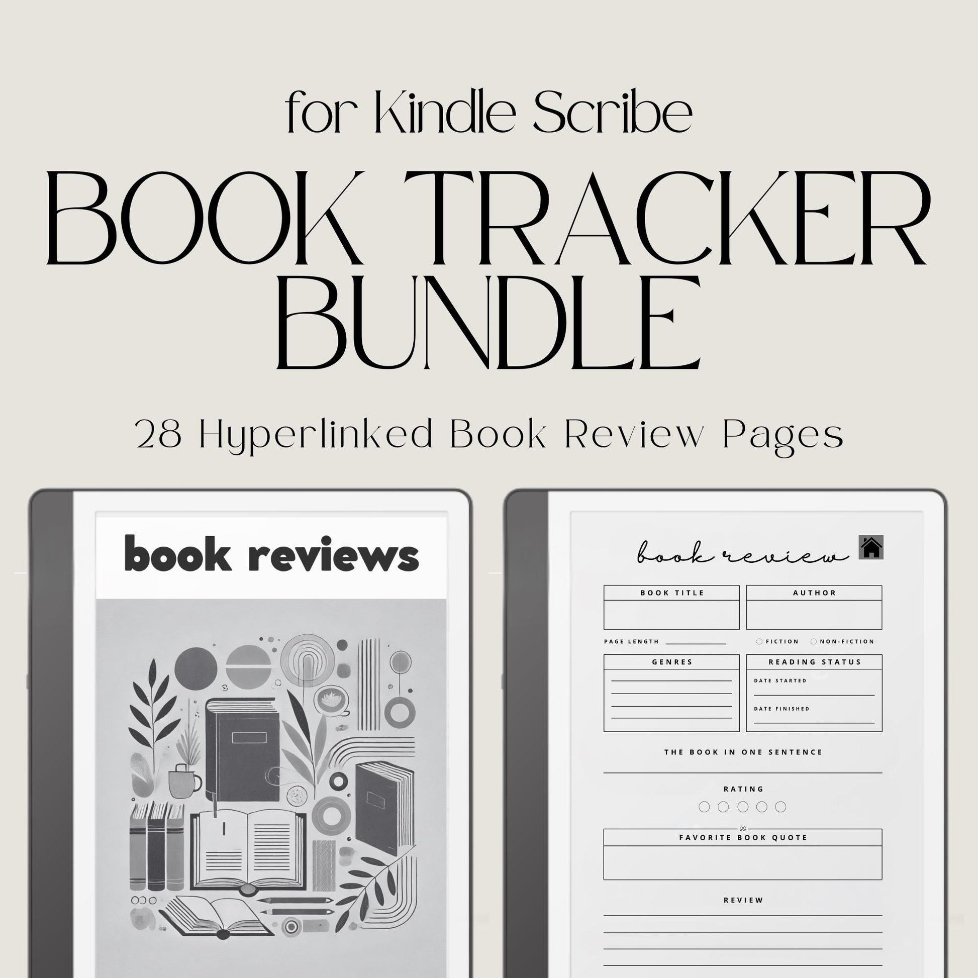 Hyperlinked Book Review Tracker for Kindle Scribe featuring book review pages, reading logs, star ratings, favorite quote sections, and clickable navigation for organized digital reading notes.