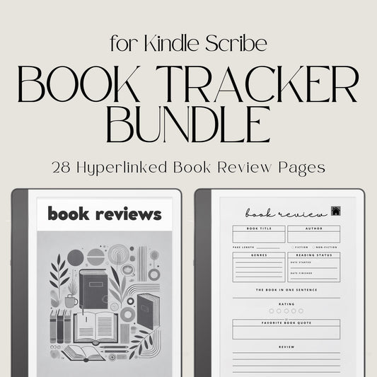 Hyperlinked Book Review Tracker for Kindle Scribe featuring book review pages, reading logs, star ratings, favorite quote sections, and clickable navigation for organized digital reading notes.