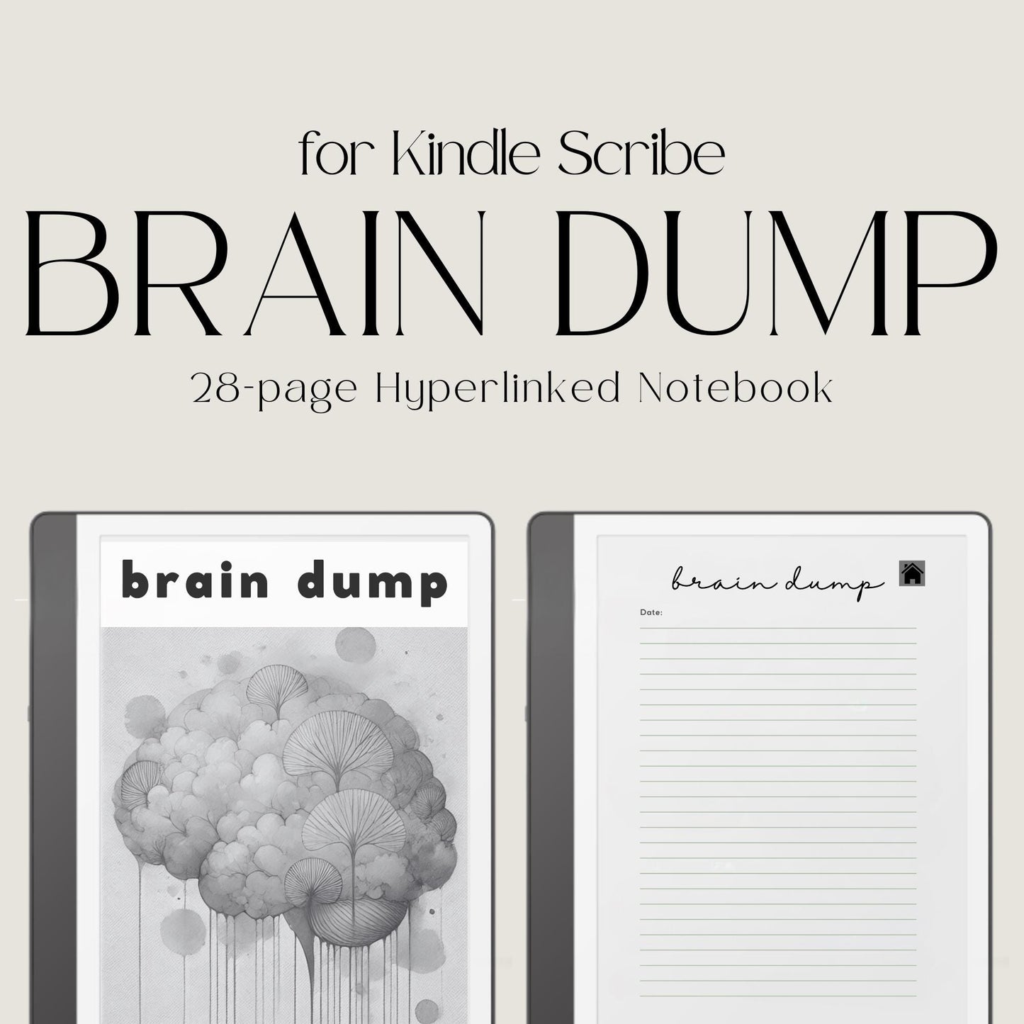 Hyperlinked Brain Dump Notebook for Kindle Scribe featuring lined note pages, clickable navigation, date sections, and minimalist layouts for brainstorming, planning, and digital note-taking.